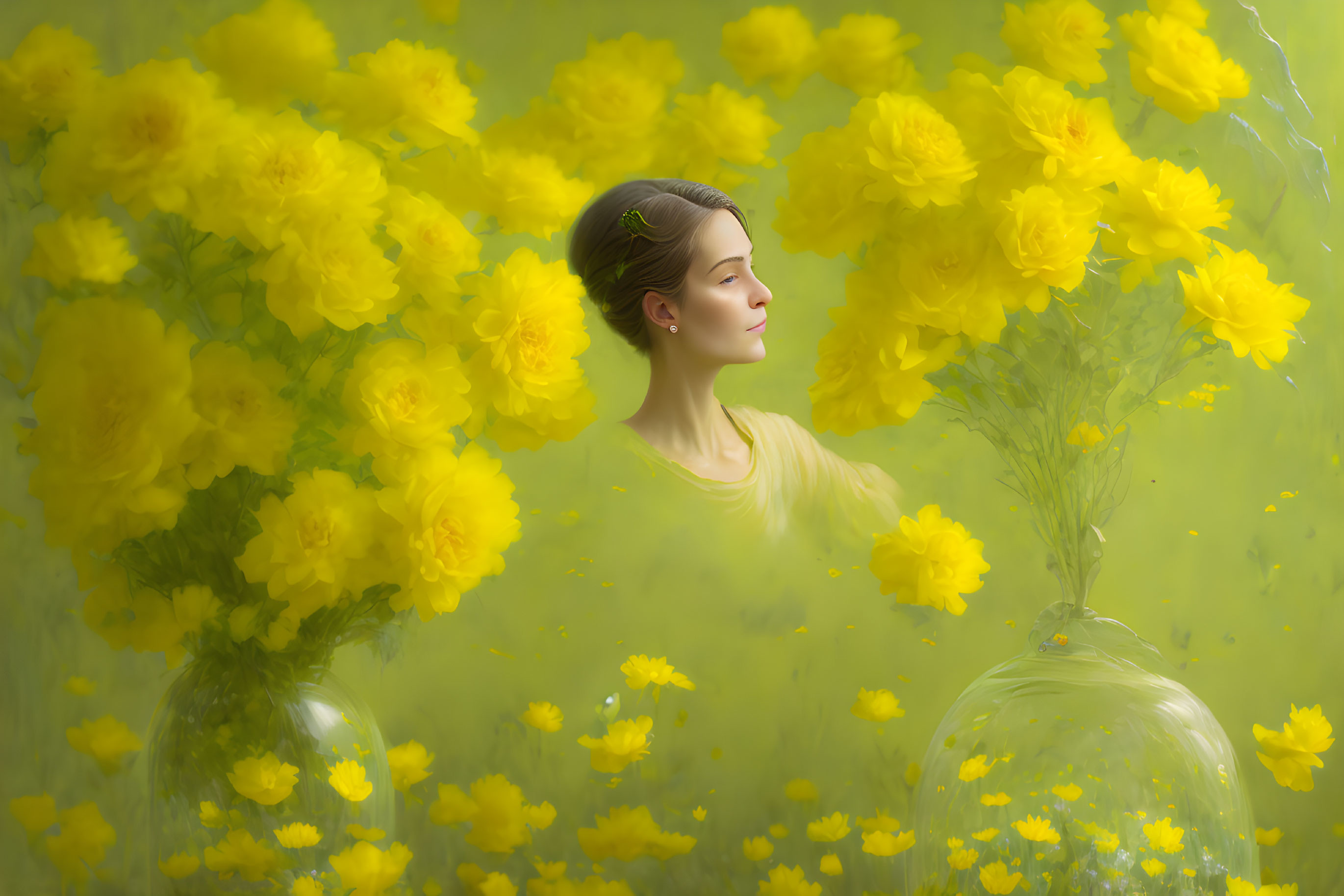 Woman with Yellow Flowers and Cloche Jars in Dreamlike Setting