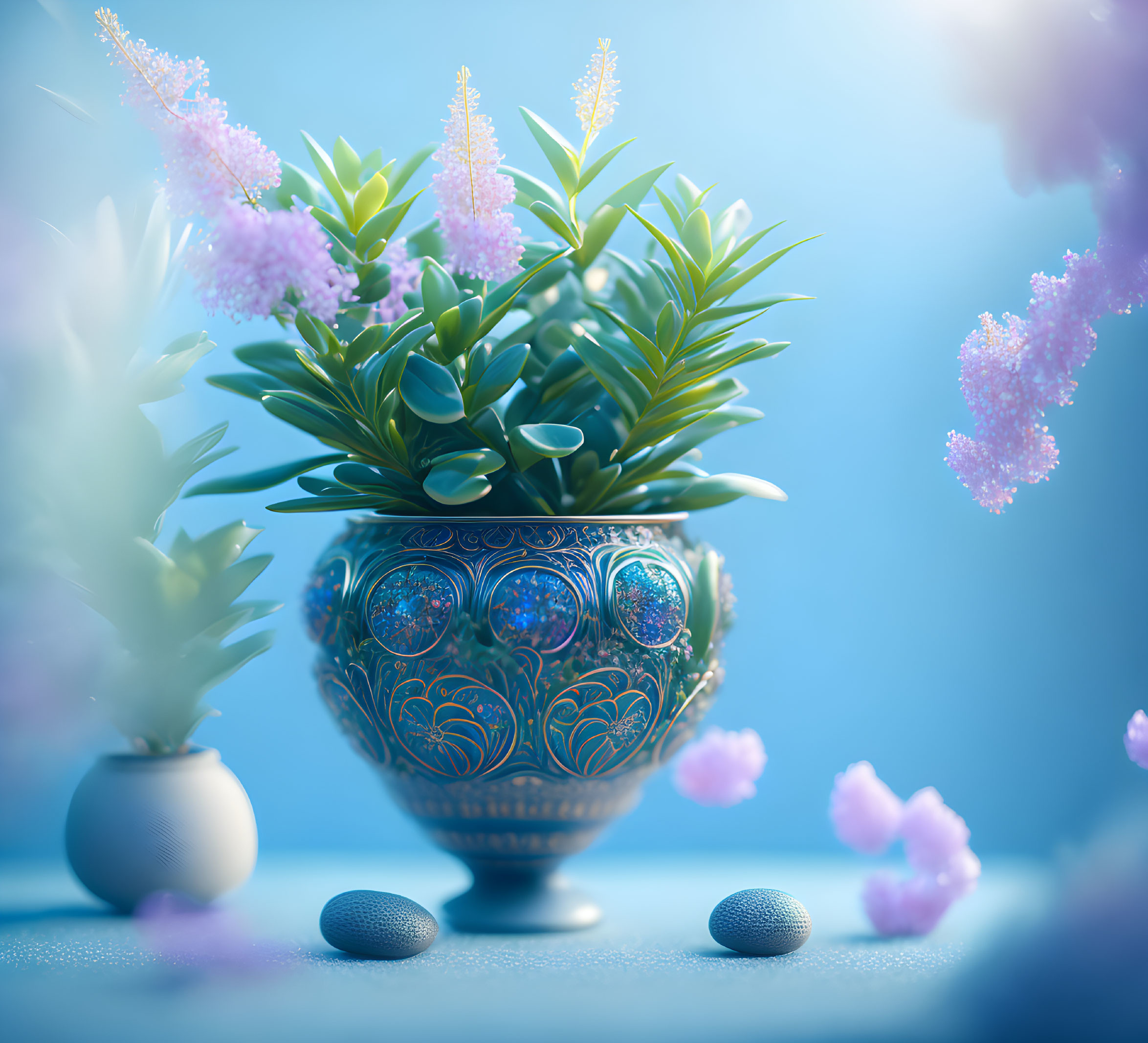 Blue Pot with Intricate Patterns and Greenery, Pink Blossoms, and Floating Petals