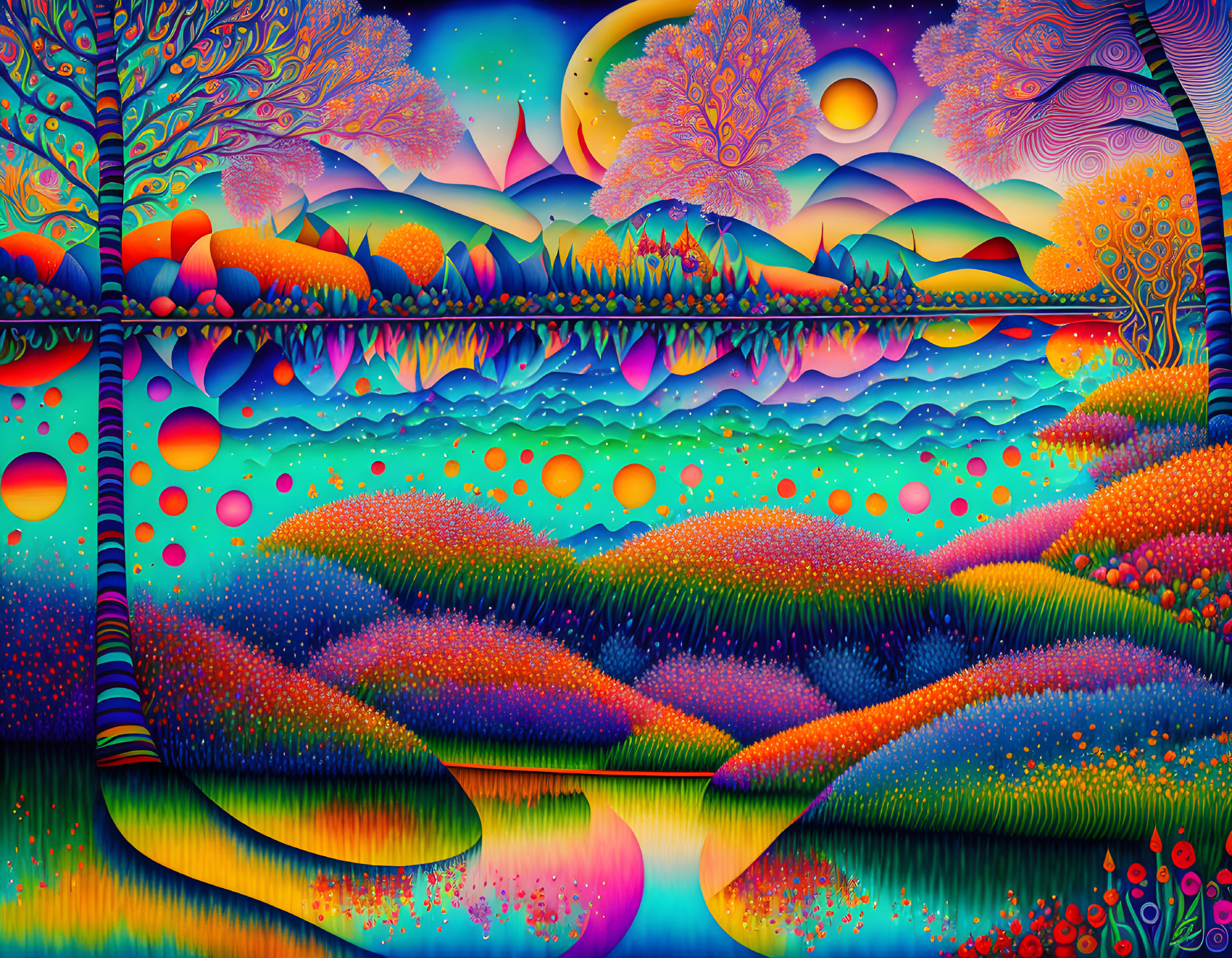 Colorful psychedelic landscape with detailed trees and curved hills in a fantastical setting.