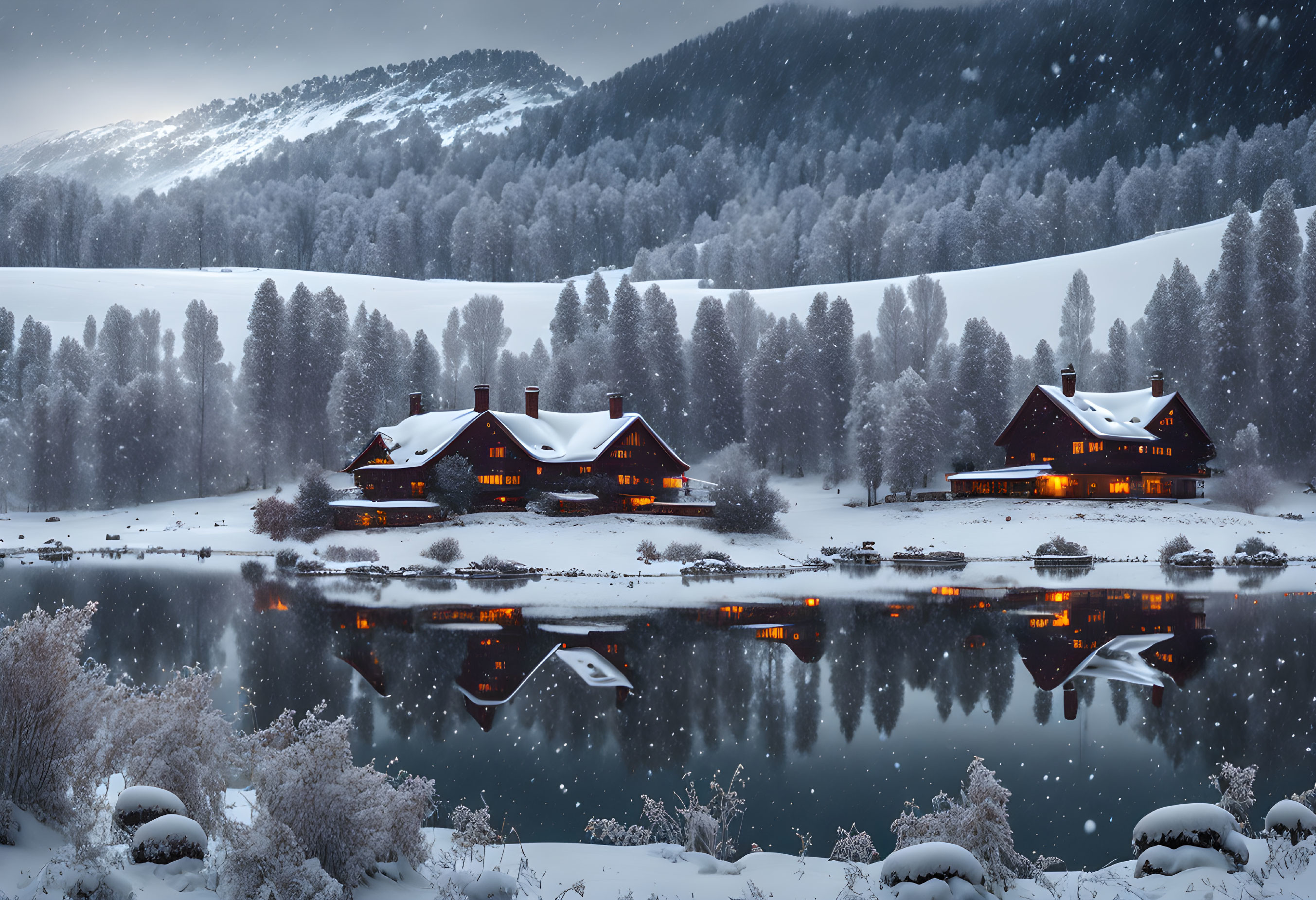 Tranquil snow-covered chalets near lake with wintery pine forests