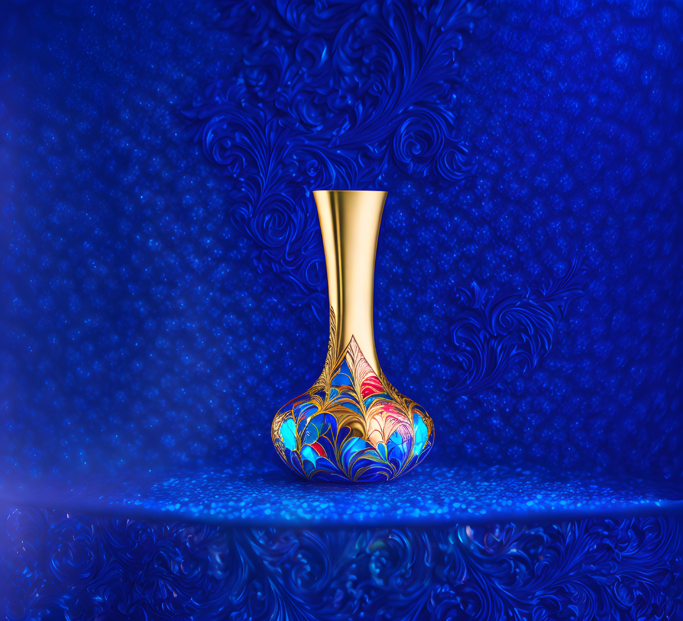 Golden vase with vibrant patterns on textured blue background