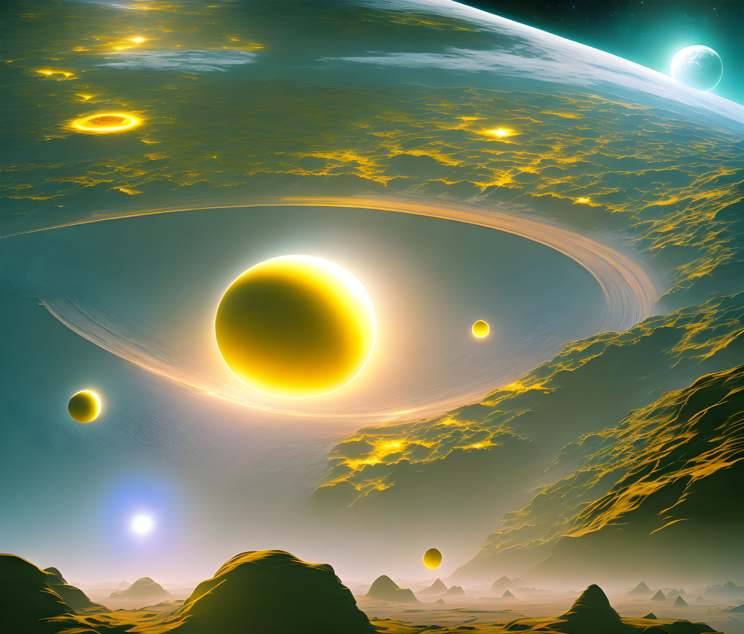 Cosmic landscape with multiple suns, ringed planet, and rocky terrain