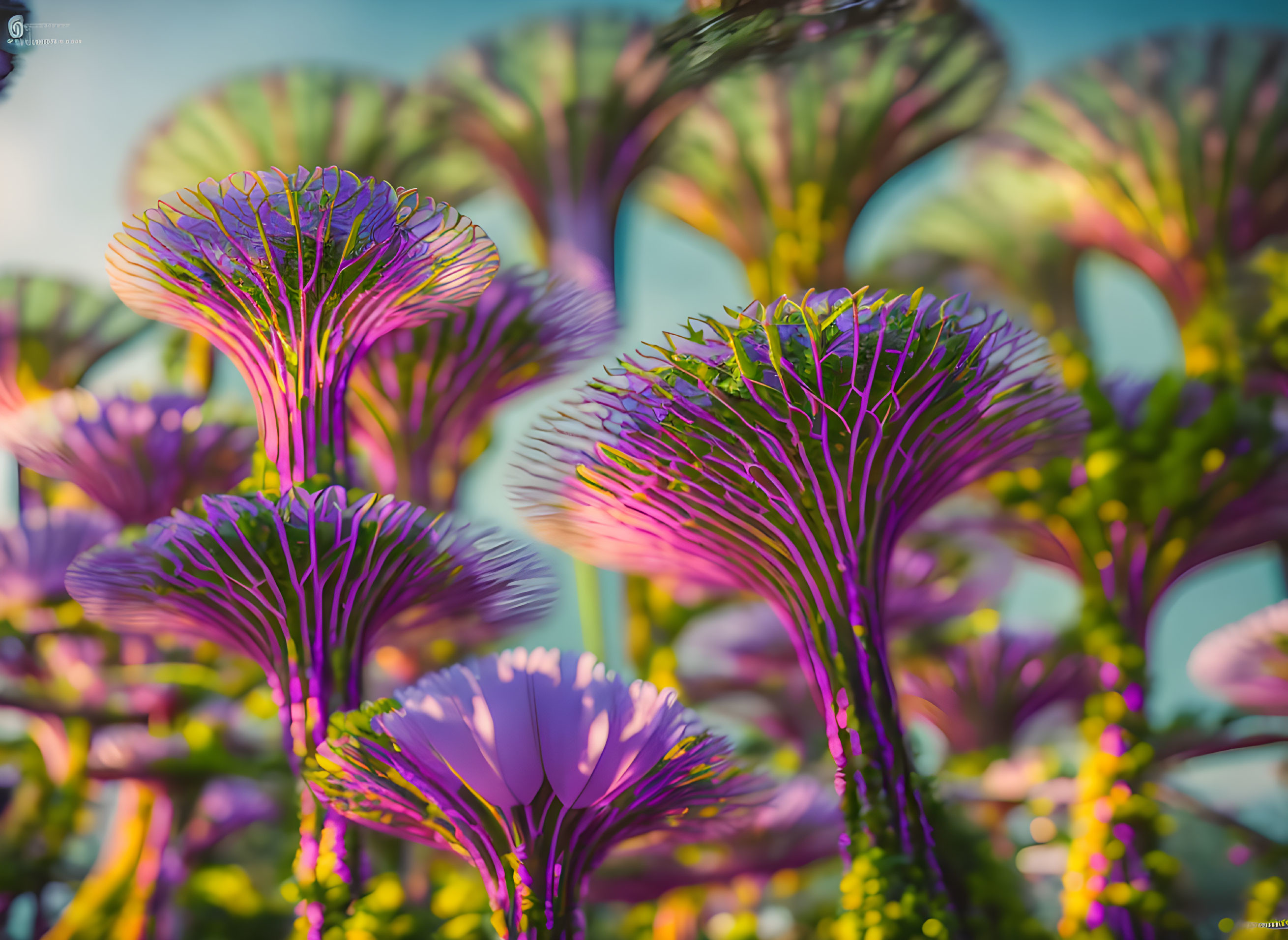 Colorful alien-like plants with purple-tipped tendrils and glowing green stems on soft-focus backdrop