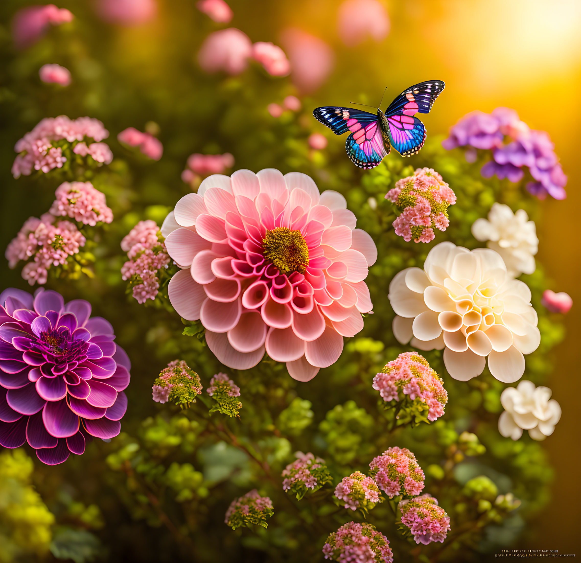 Colorful Butterfly Among Pink and White Dahlias in Sunlit Garden