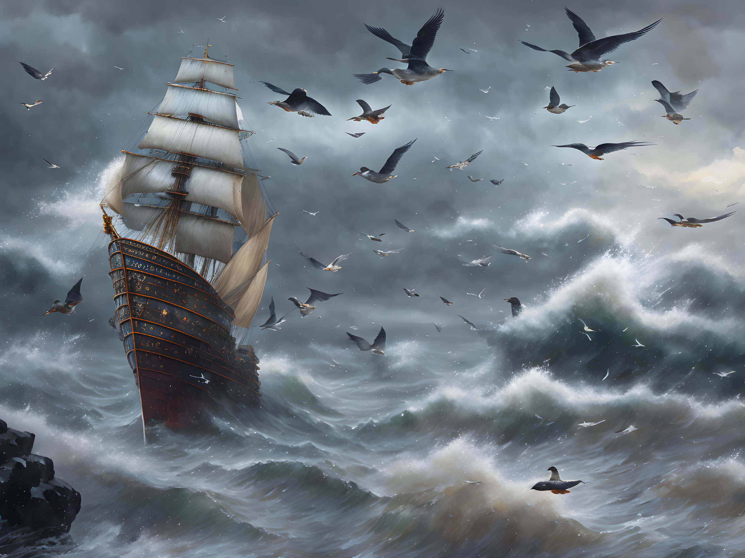 Sailing ship in stormy seas with crashing waves and soaring birds