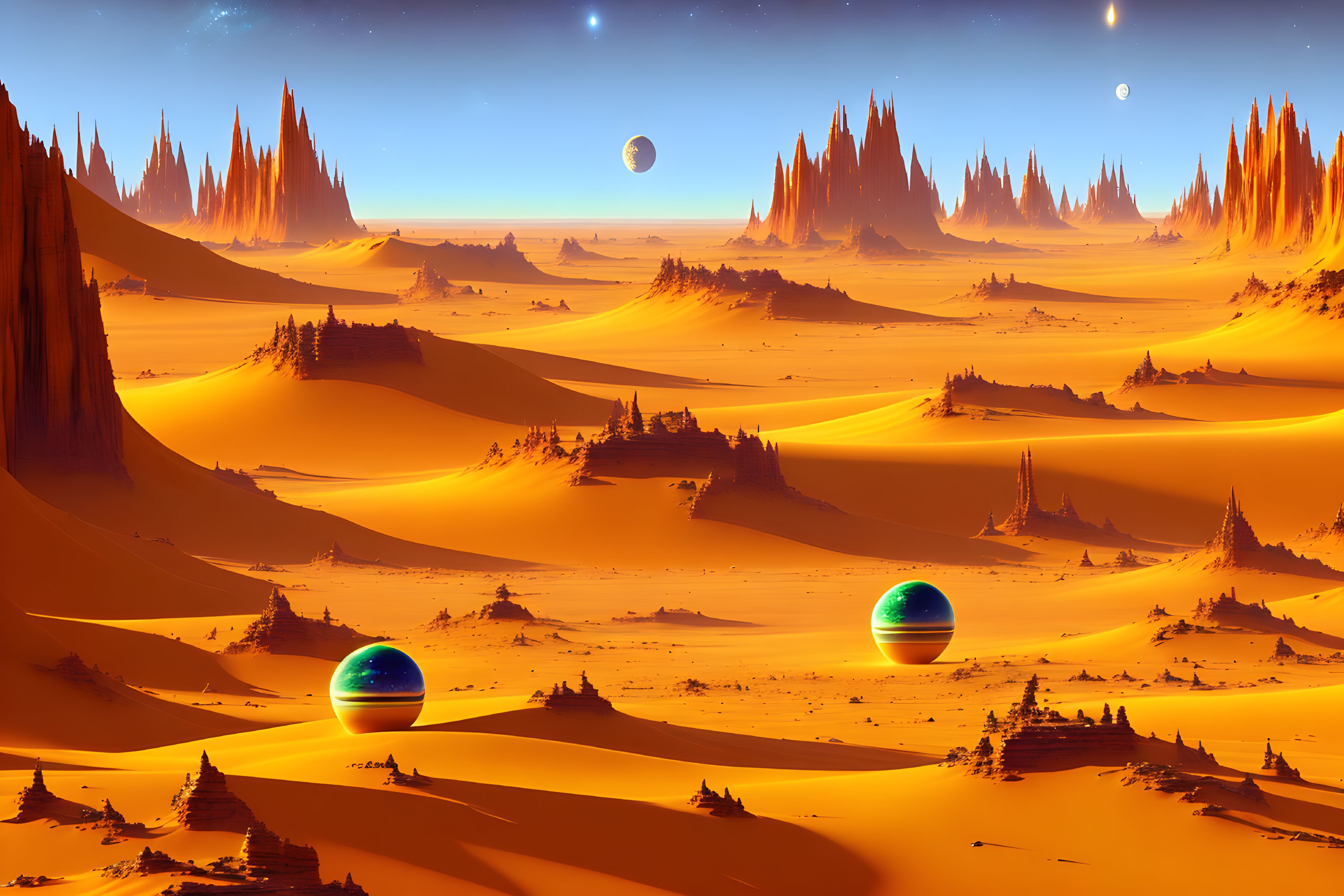 Alien desert landscape with spires, dunes, orbs, and celestial bodies