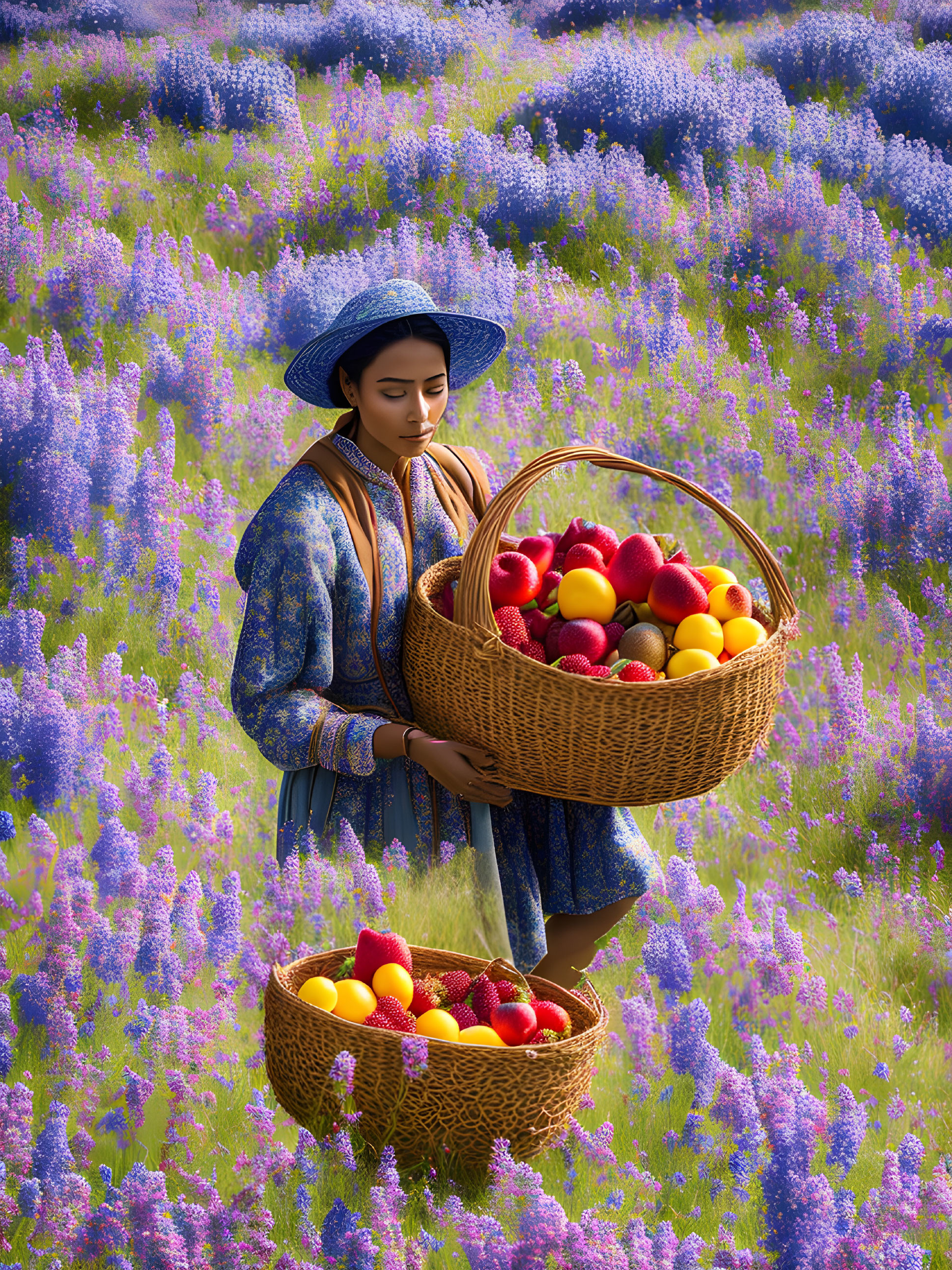 Person in Traditional Blue Attire with Basket of Colorful Fruit in Purple Flower Field