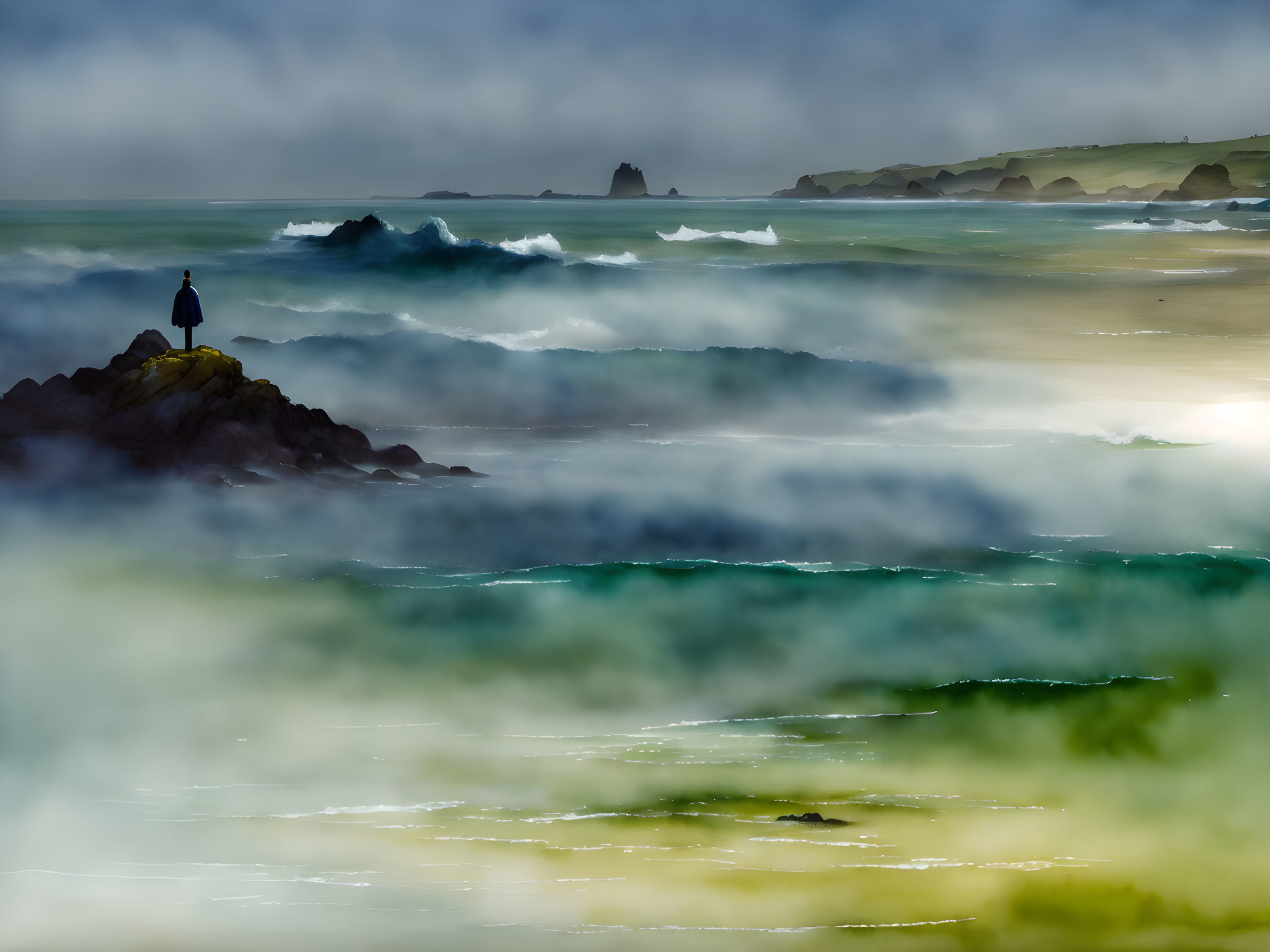 Person standing on rock overlooking misty coastline with turbulent waves and distant cliffs under cloudy sky.