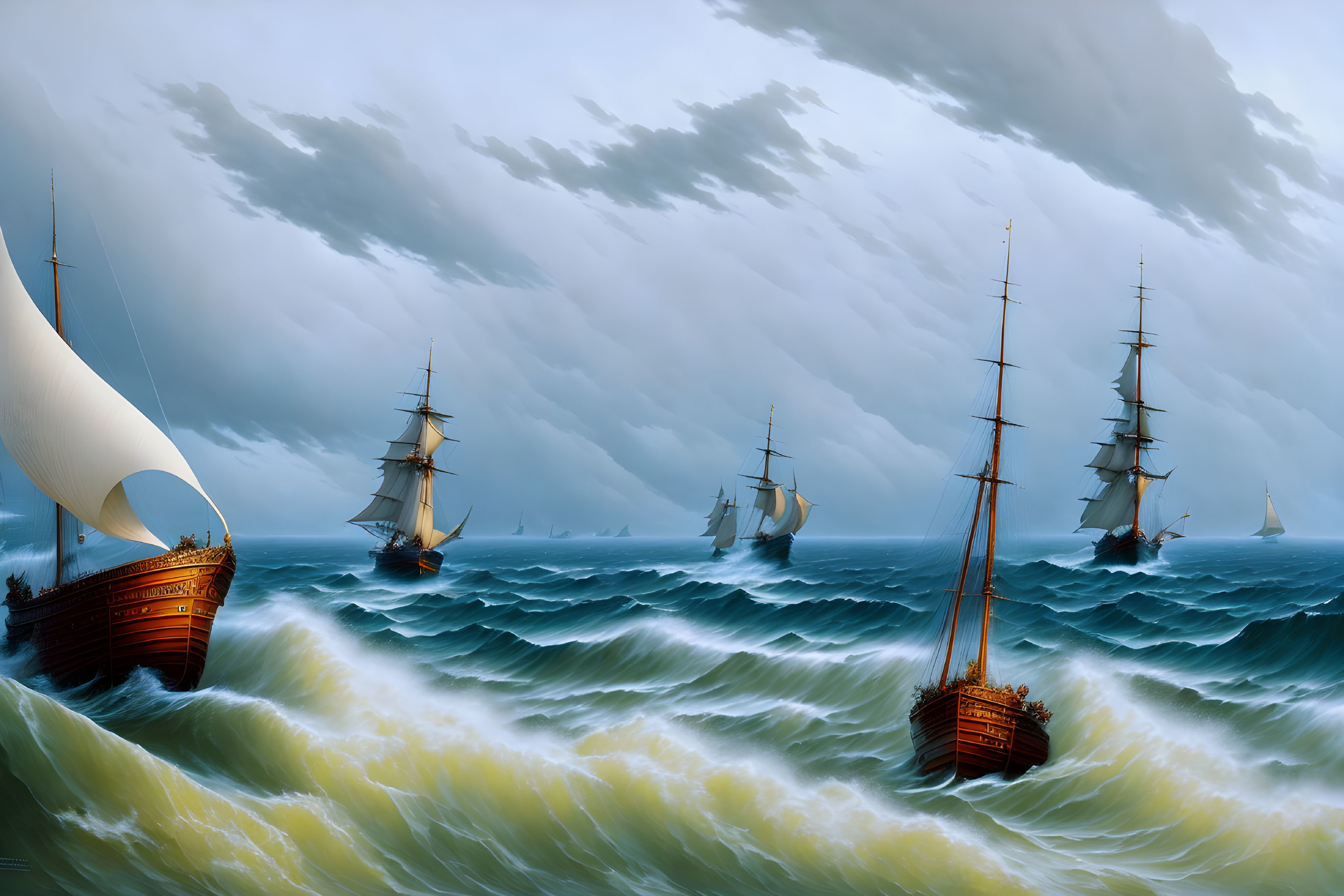 Historic sailing ships on turbulent seas under foreboding sky