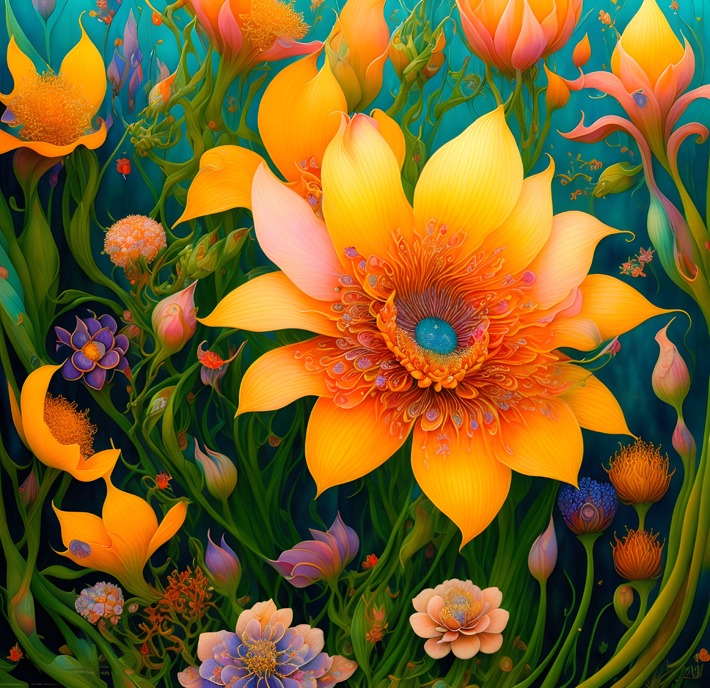 Detailed Orange Flower Among Colorful Flora in Digital Art