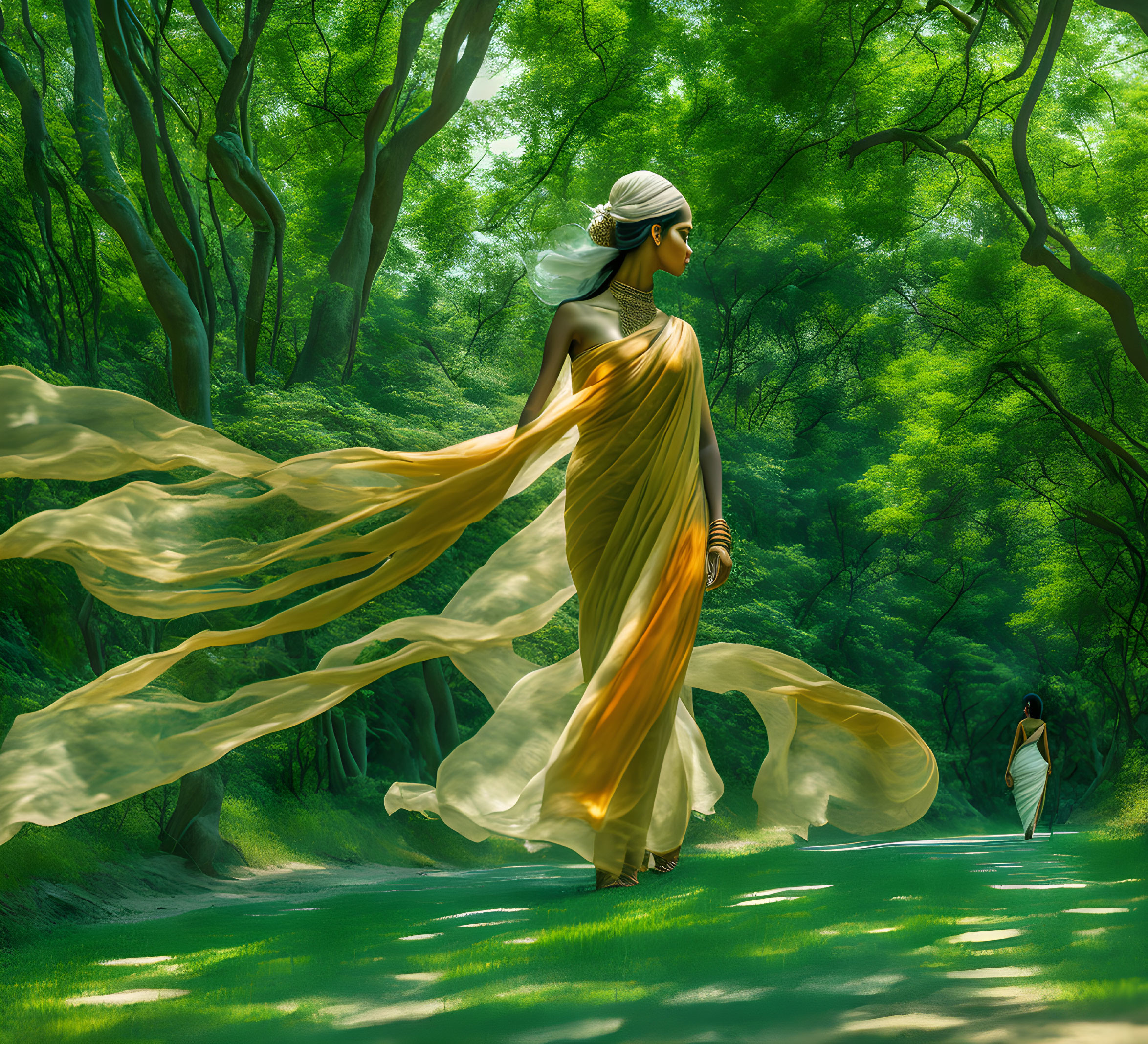 Woman in Golden Sari Walking in Lush Green Forest