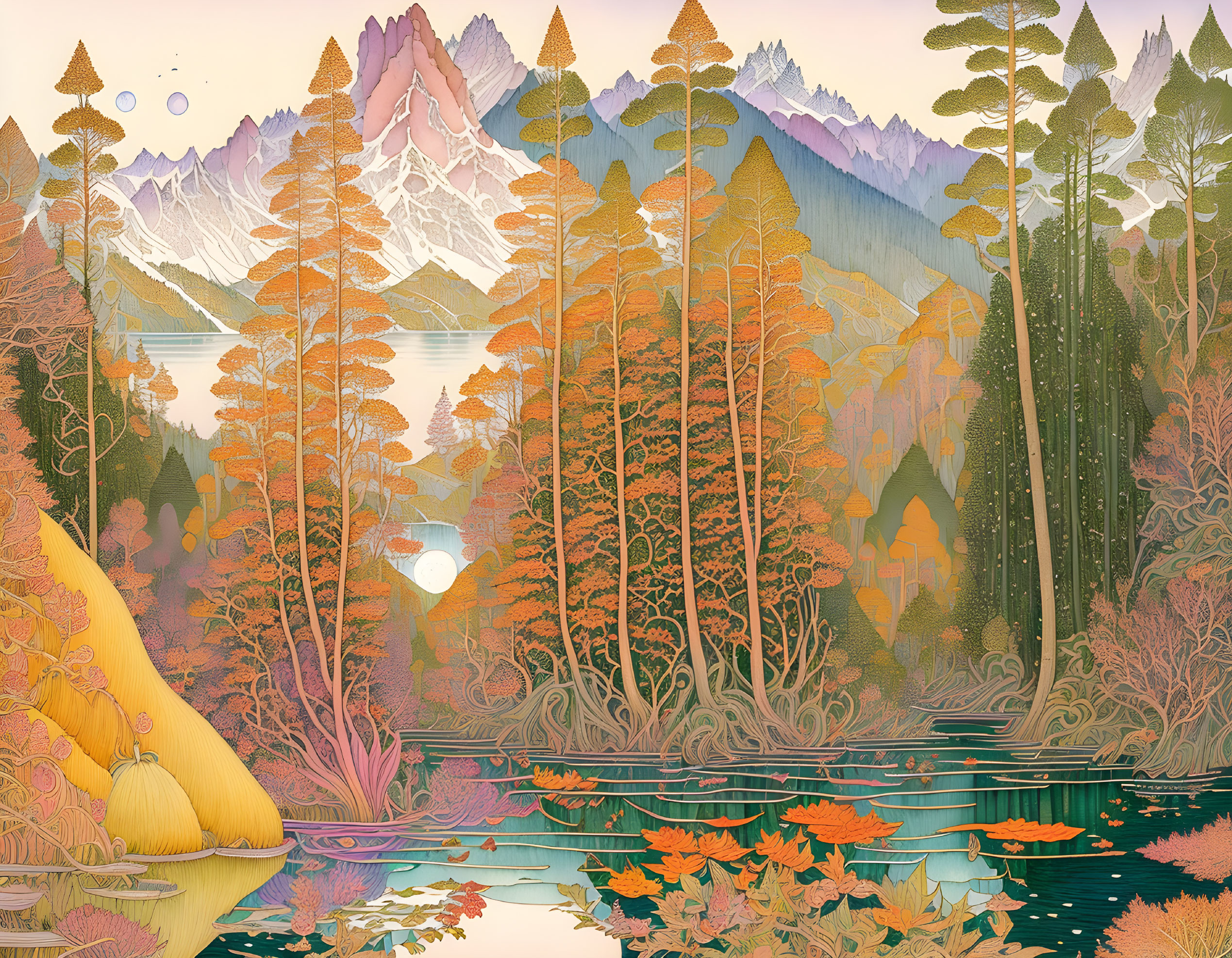 Autumnal landscape with serene lake, golden forest, purple mountains.