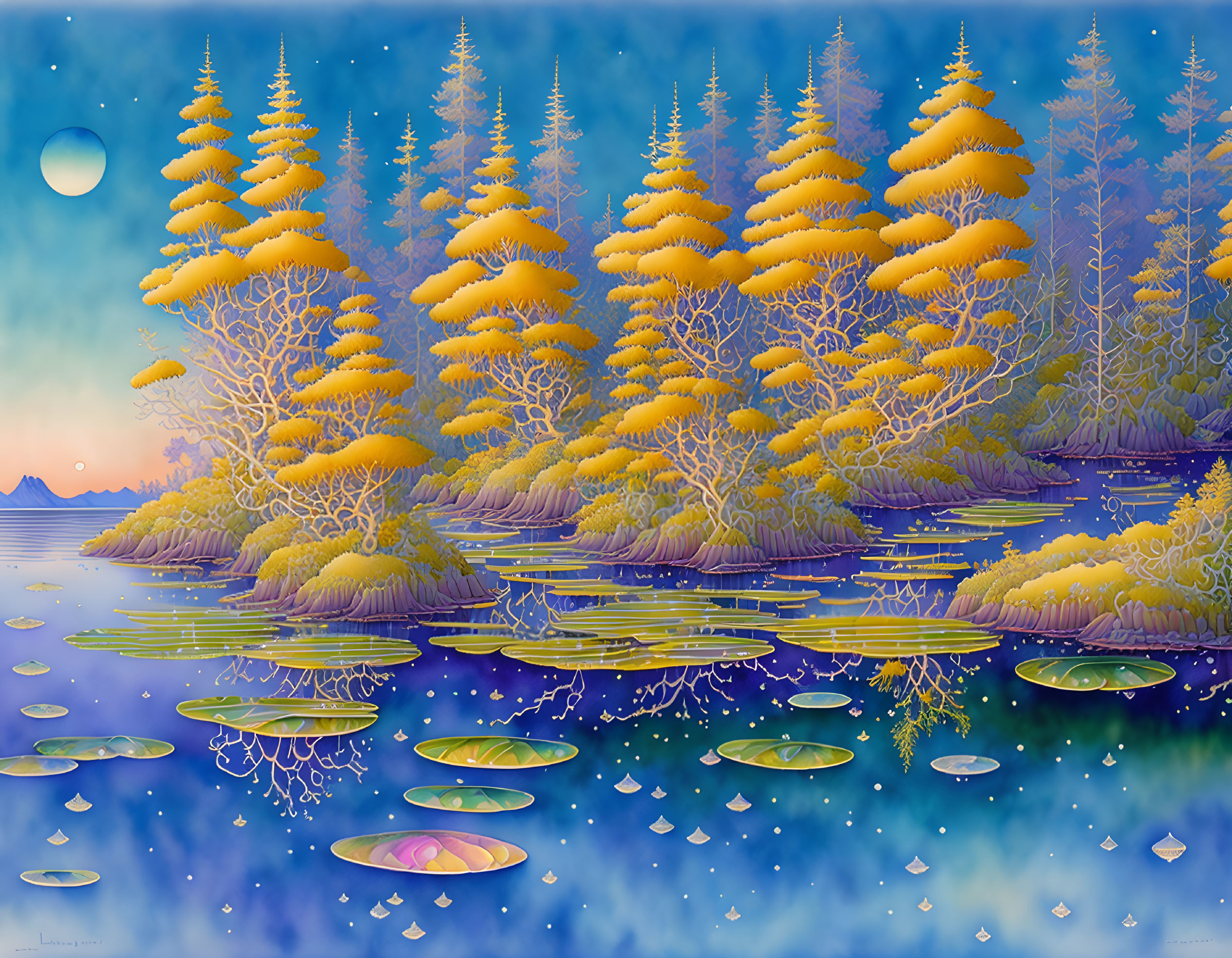 Fantasy landscape with golden trees on islands in a blue lake.