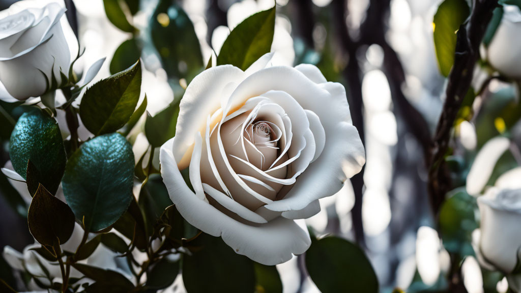 Vibrant white rose in full bloom among green leaves and other roses in a garden