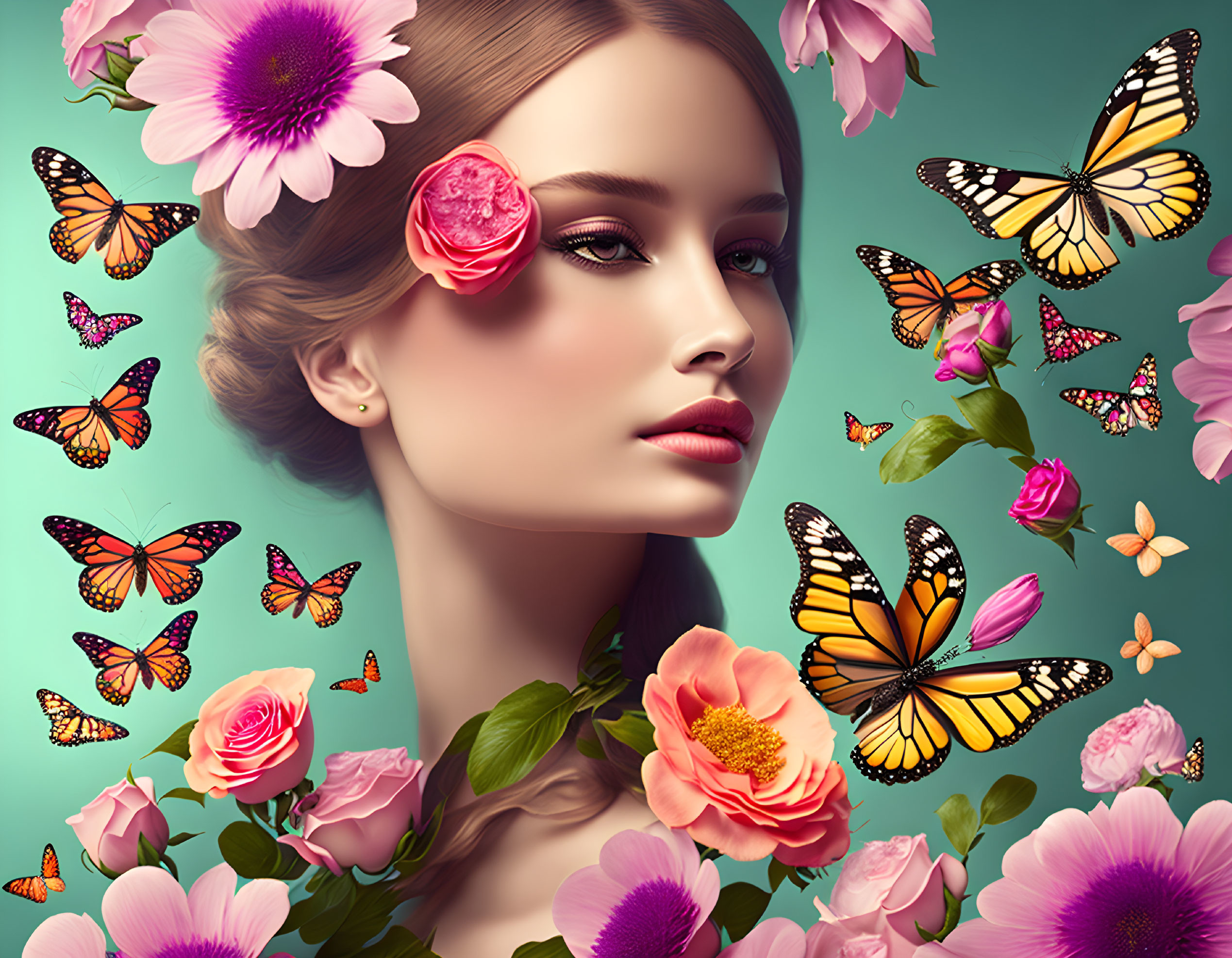 Portrait of a woman with butterflies, flowers, and teal background