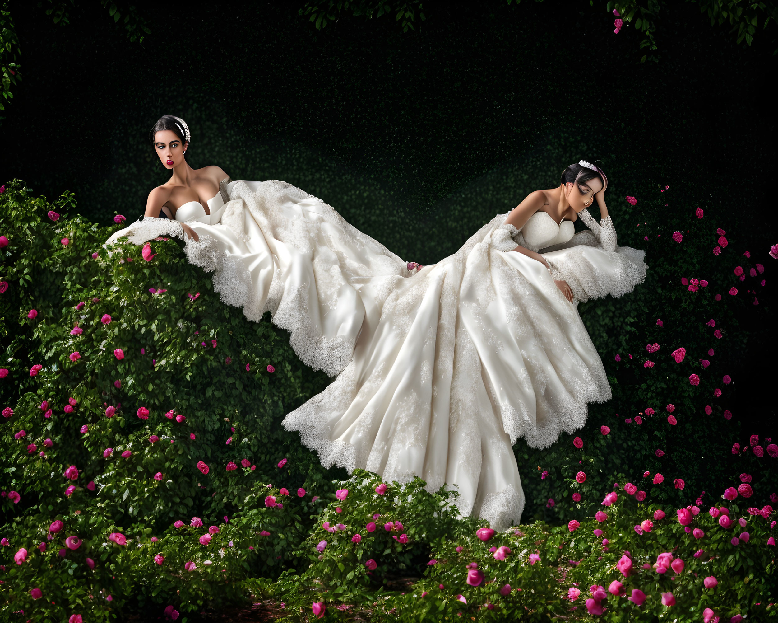 Elegant women in white dresses on lush rose bush backdrop