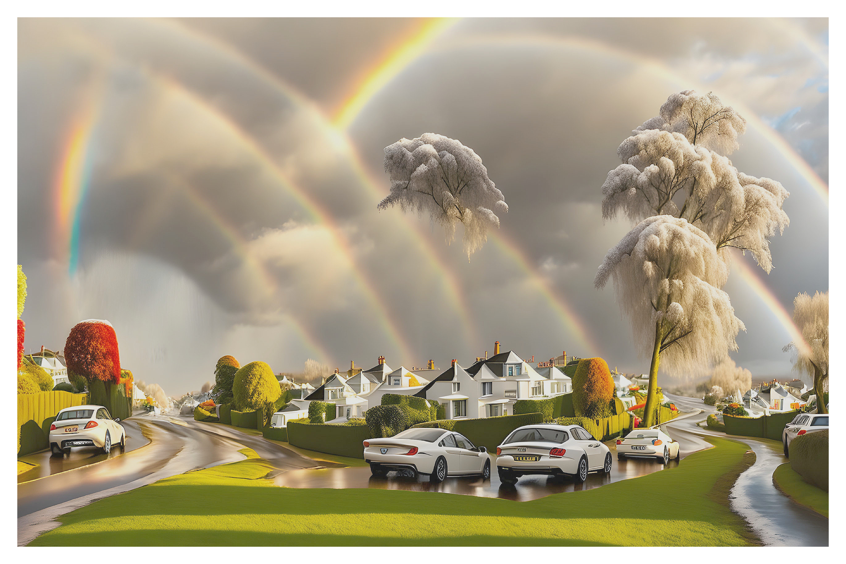 Suburban street with rainbows, fluffy clouds, and dynamic sky