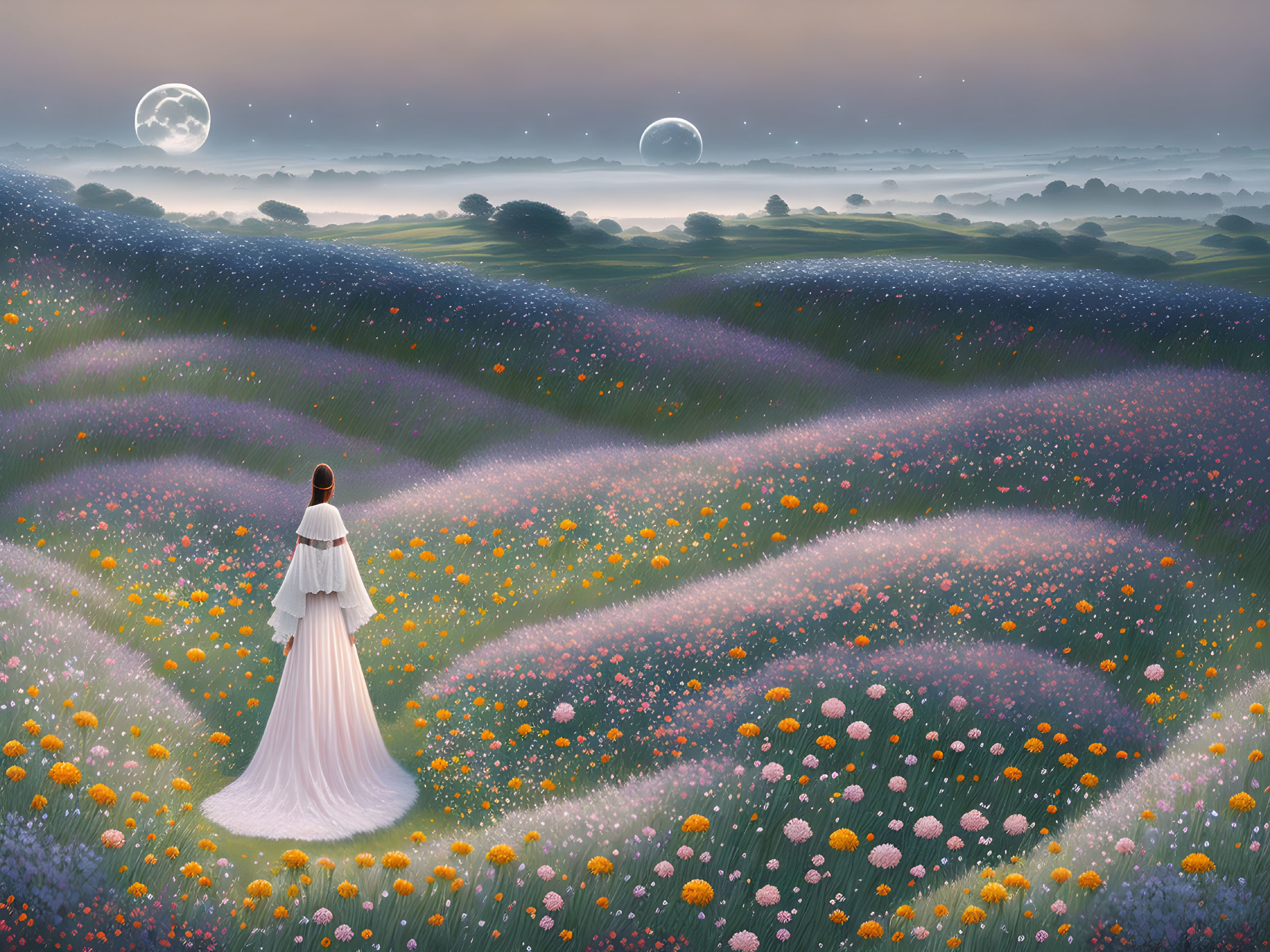 Person in white and grey cloak in vibrant flower field with two moons in misty sky