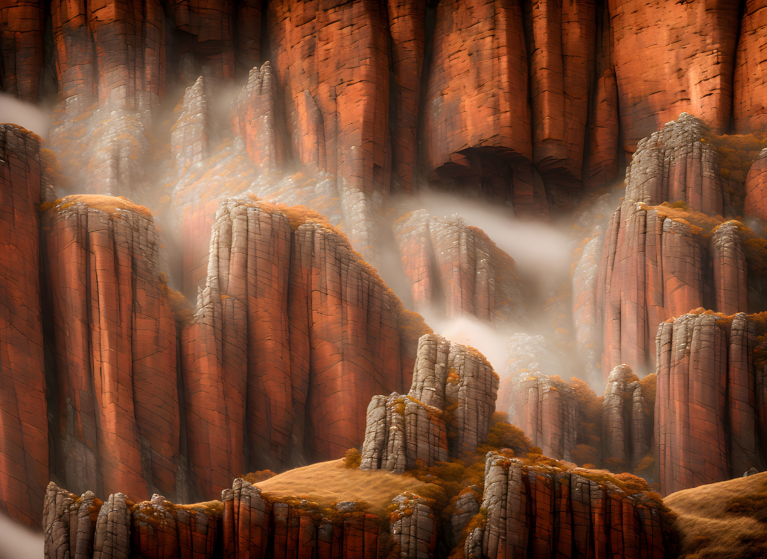 Majestic red rock formations in misty ambiance.