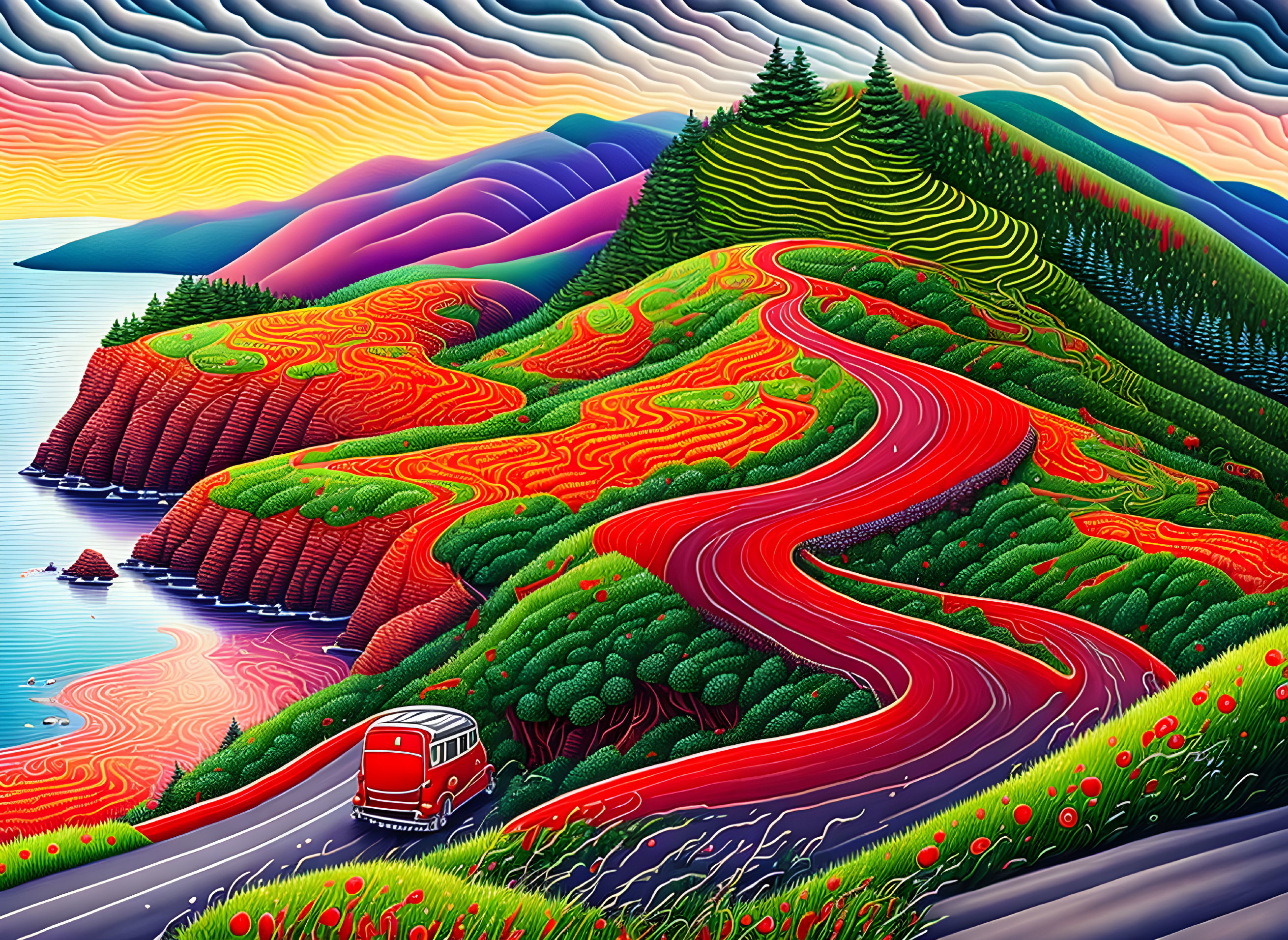 Scenic landscape with hills, red road, van, patterned skies, trees, and water.