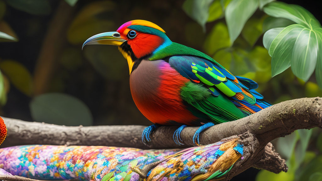 Colorful Bird with Yellow Beak and Red Head Perched on Multicolored Rope