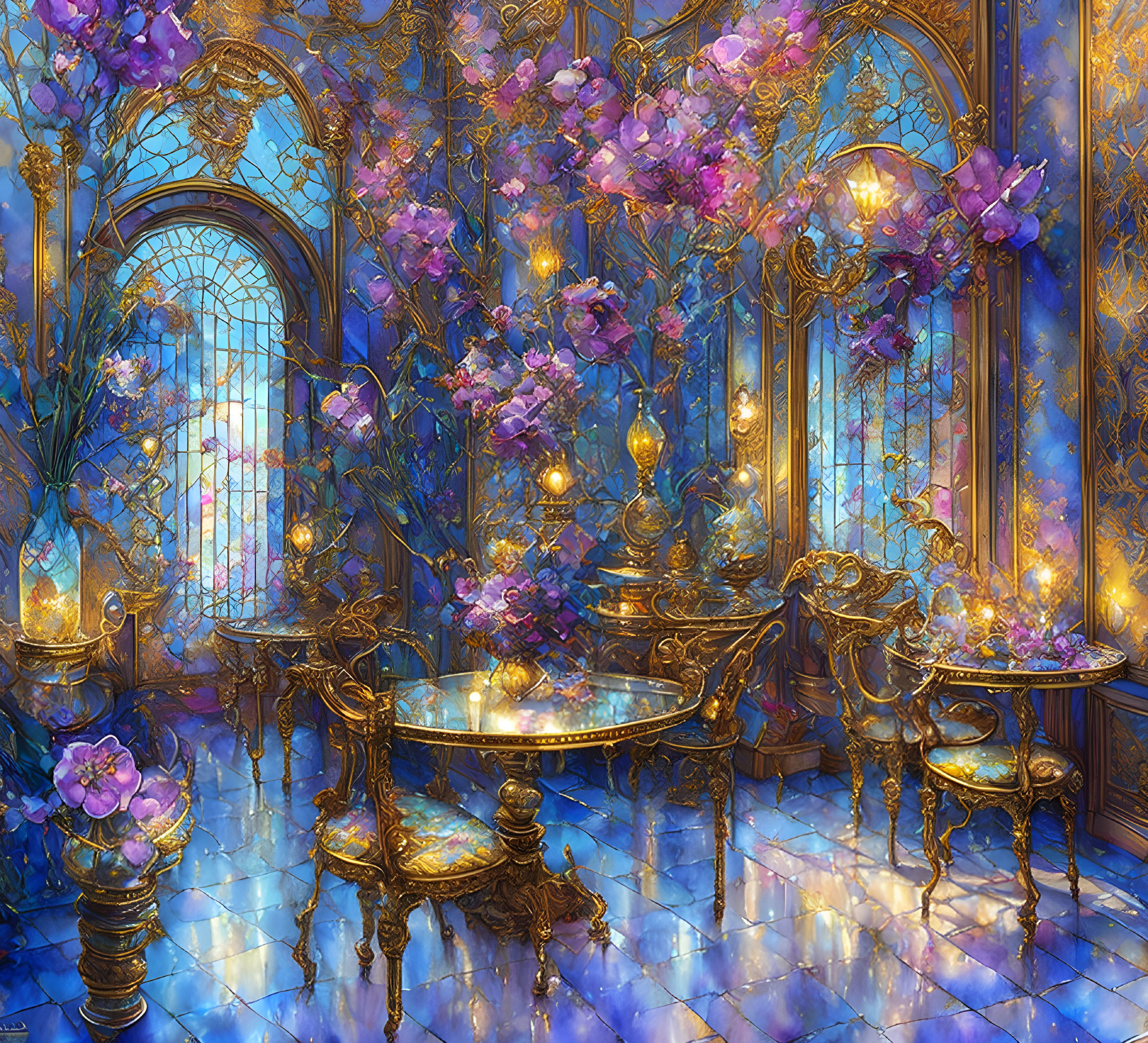 Luxurious Room with Golden Furniture, Purple Flowers, Reflective Floor, Stained-Glass Windows