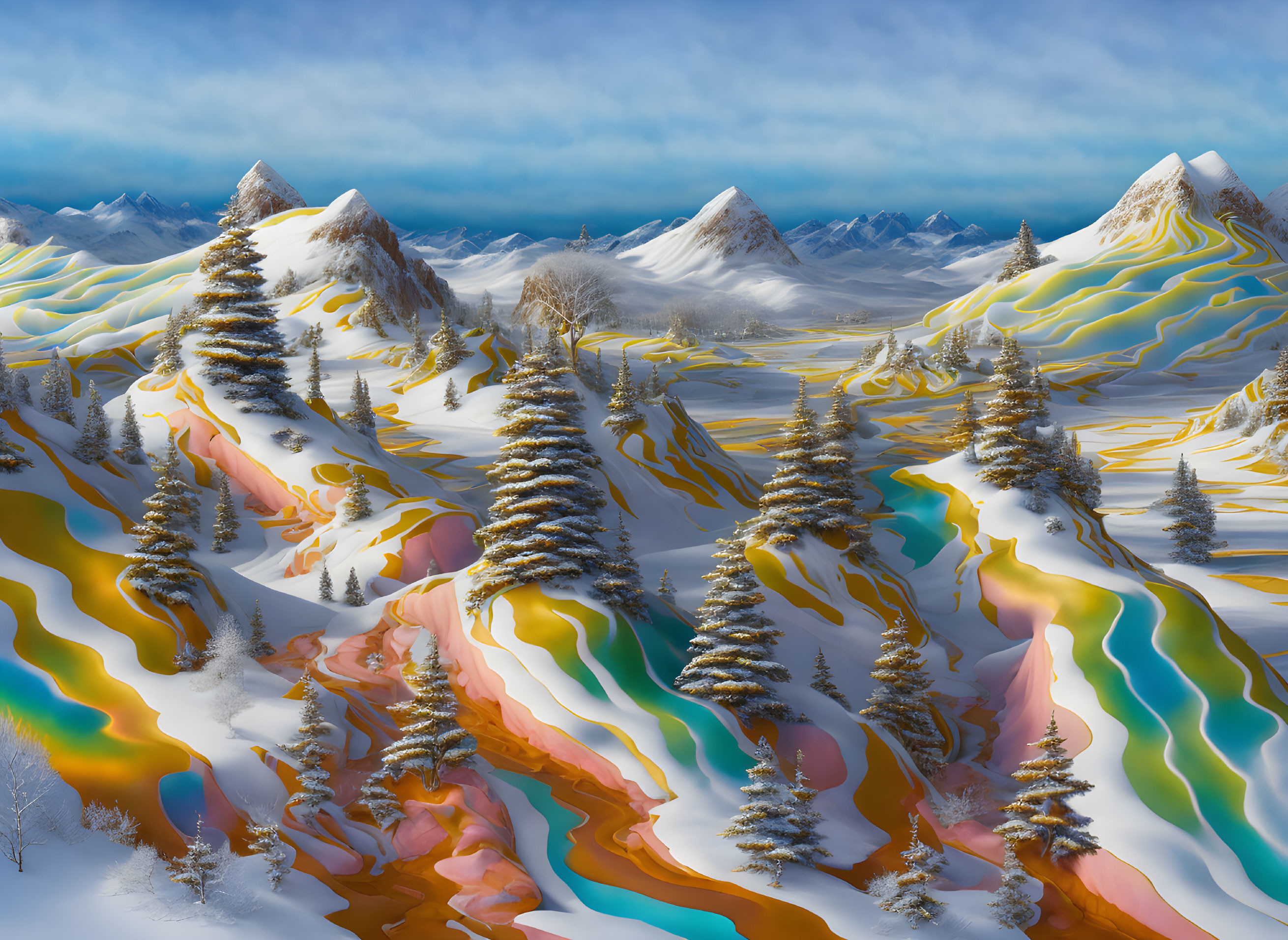 Colorful surreal landscape: flowing terrain, snow-capped mountains, pine trees, blue sky.