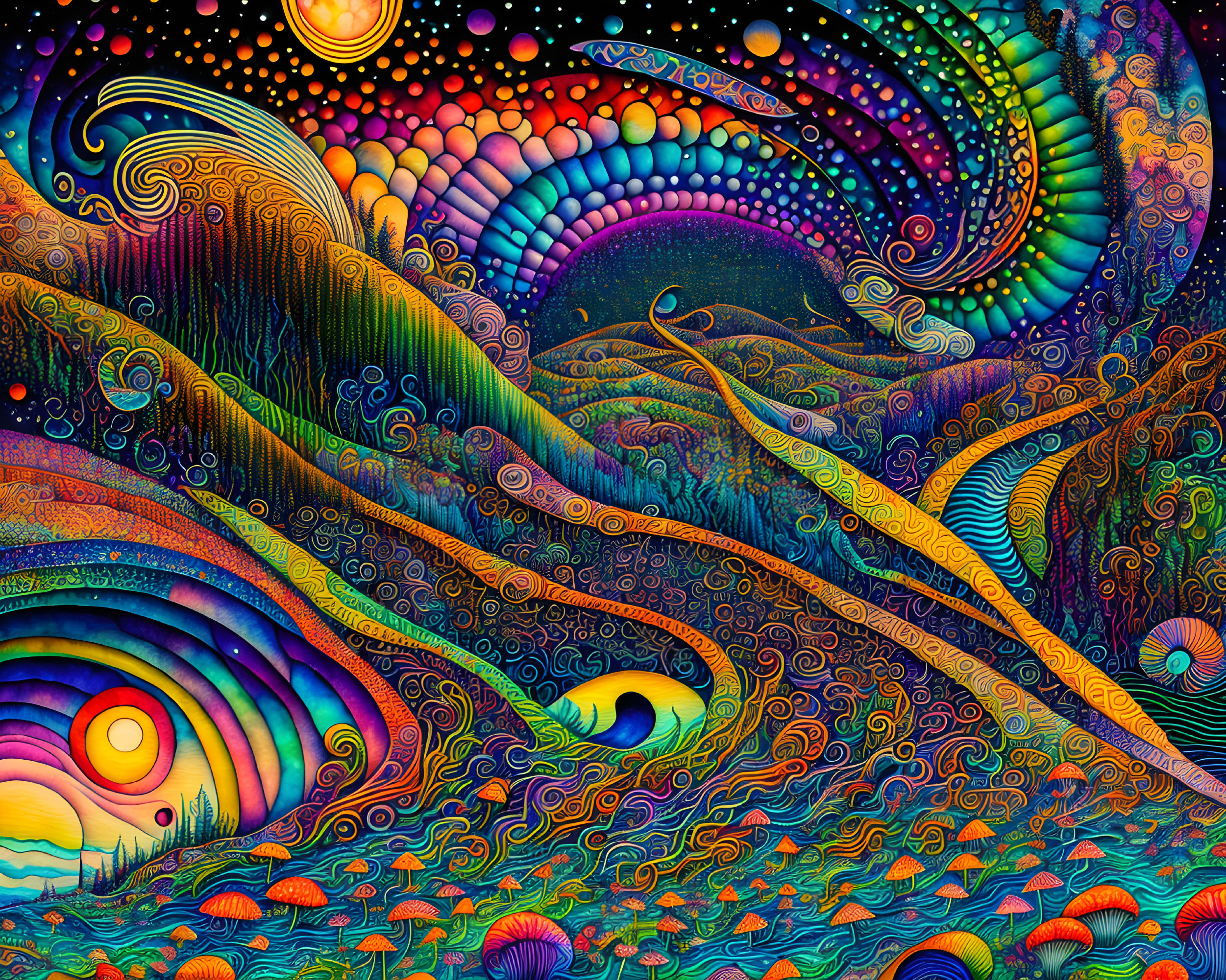 Colorful Psychedelic Artwork with Swirling Patterns and Mushroom Figures