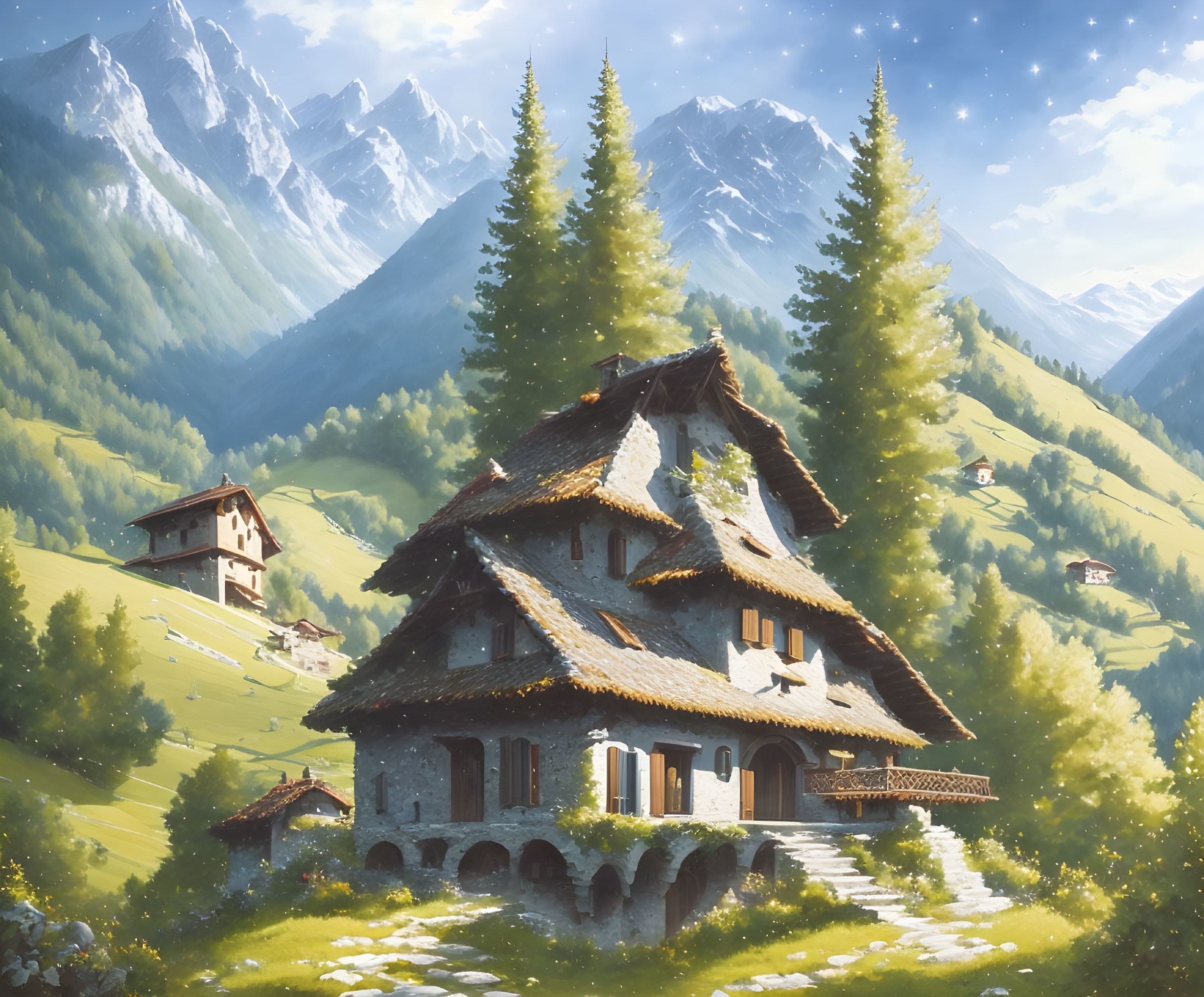 Scenic mountain landscape with stone cottage and snowy peaks