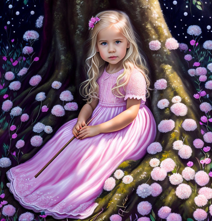 Blonde girl in pink dress sits among flowers under starry sky