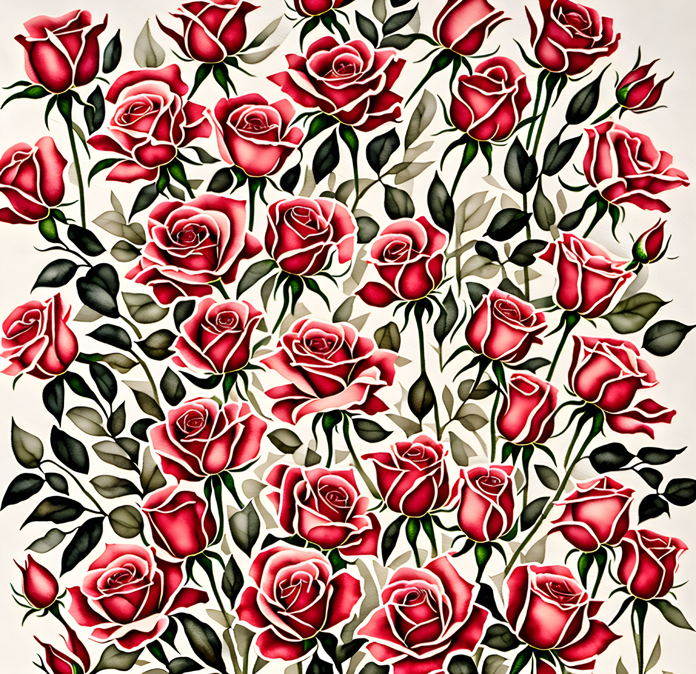 Illustrated Red Roses Pattern on Off-White Background