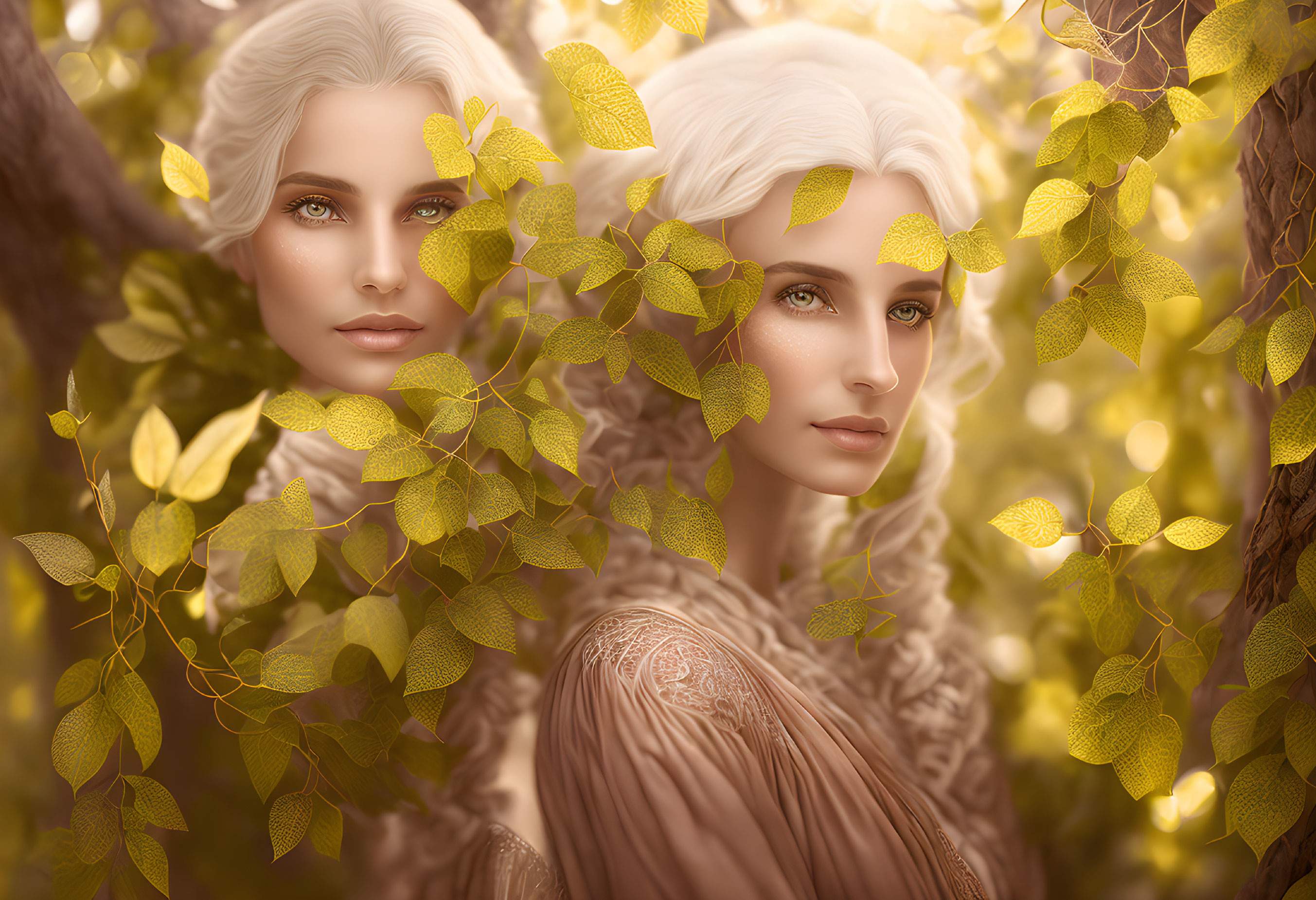 Ethereal women with pale hair and piercing eyes in sunlit forest scene