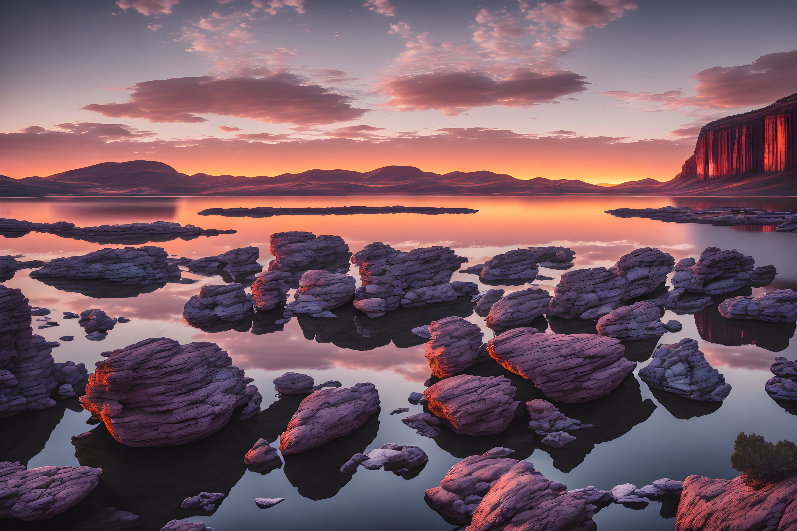 Tranquil lake with rock formations at sunset and dramatic cliffs