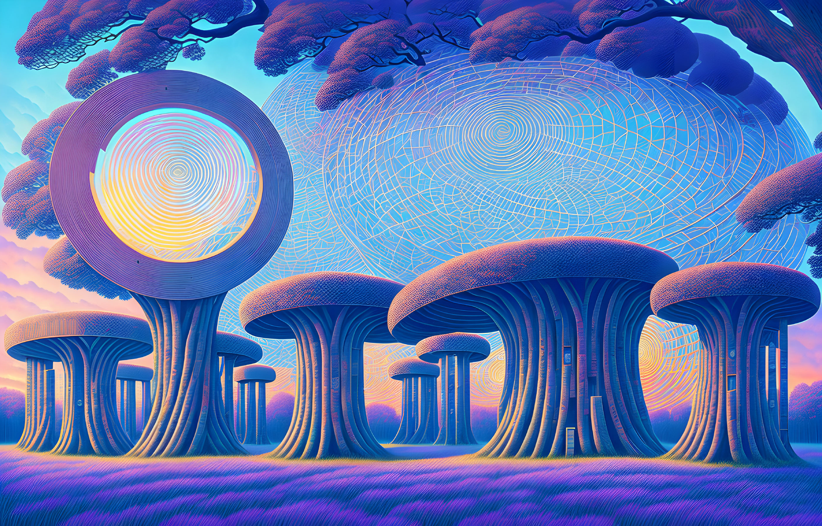 Colorful surreal landscape with oversized mushrooms and unique sky patterns