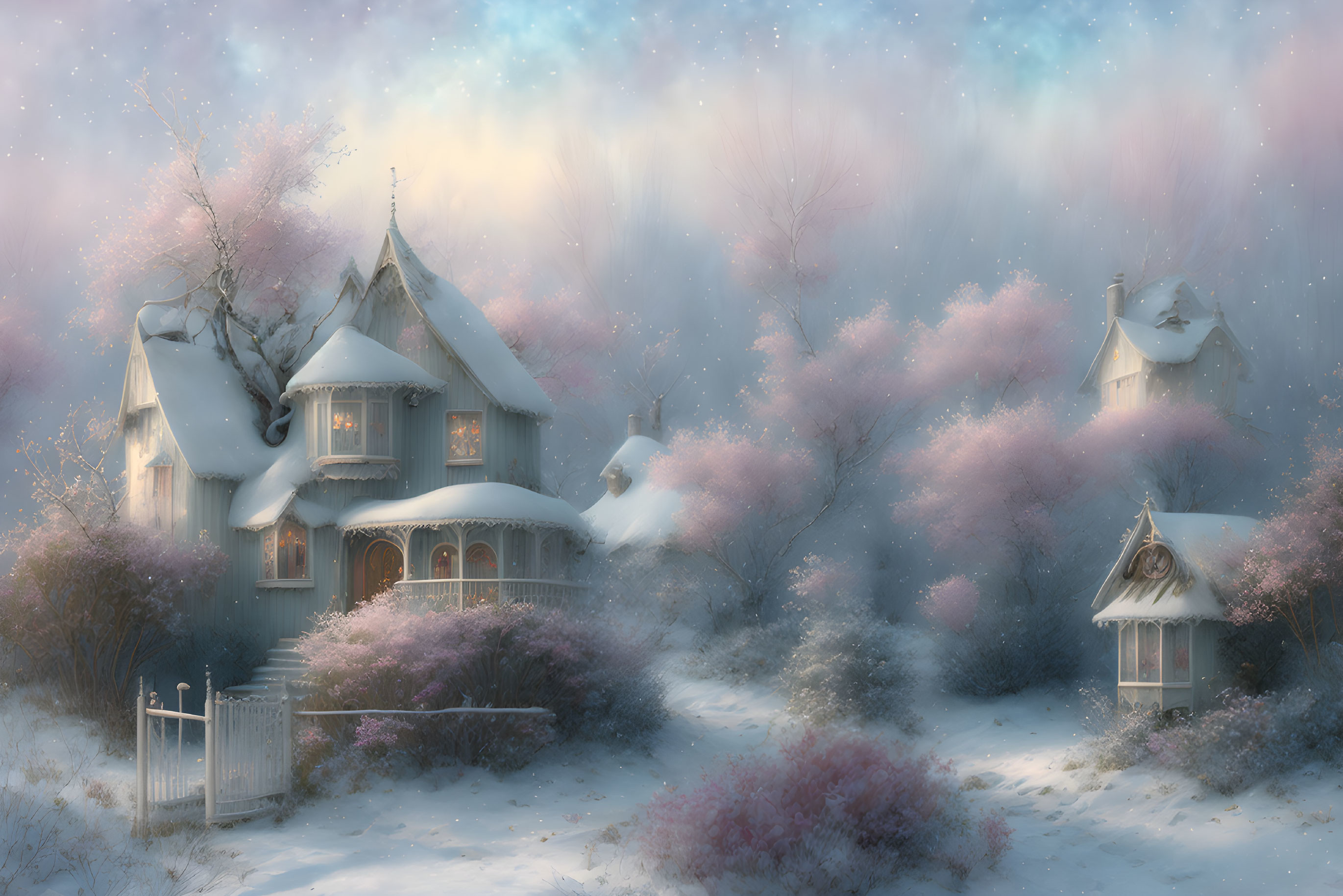 Snow-covered house in winter landscape with pink trees & glowing haze