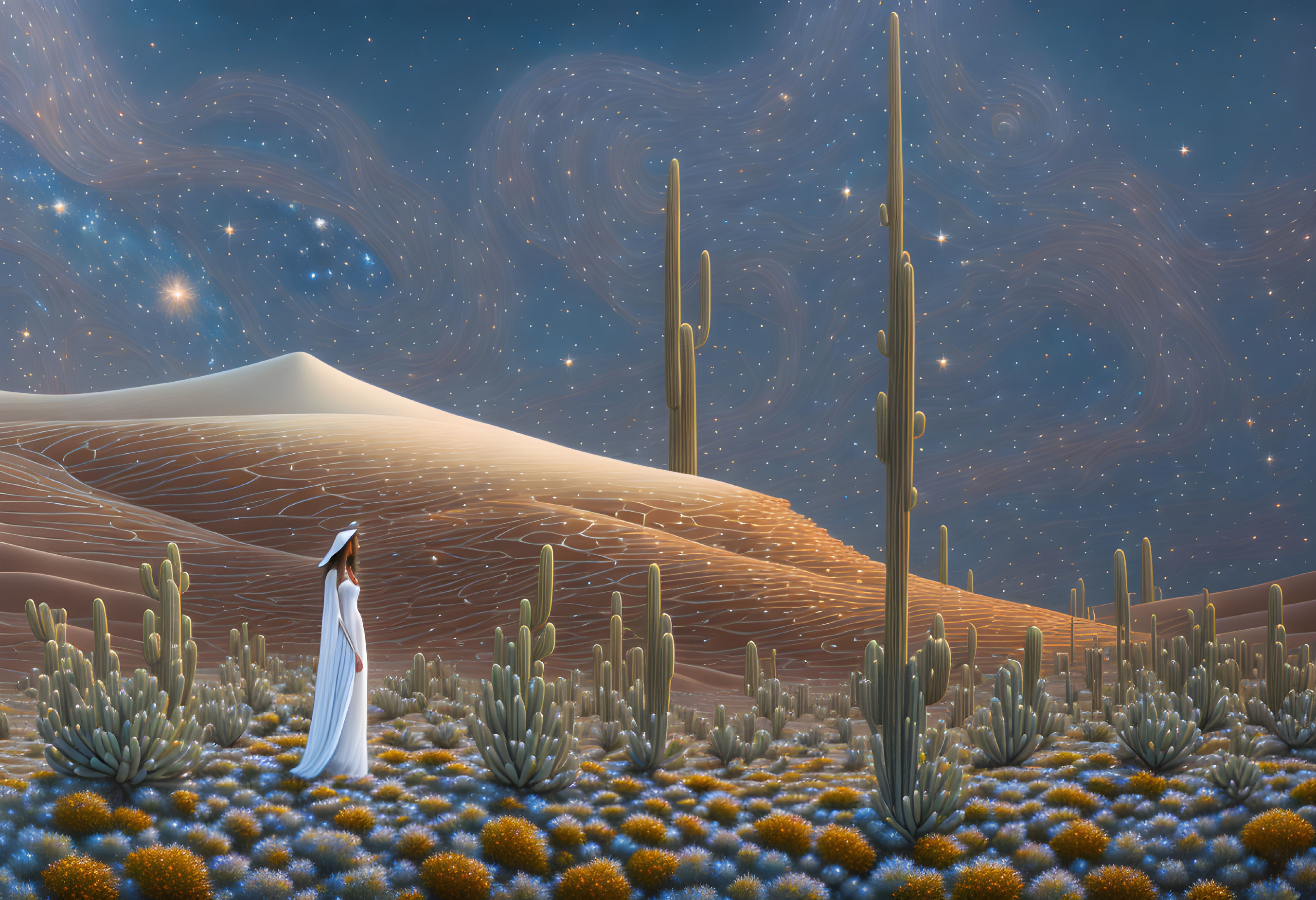 Robed Figure in Fantastical Desert Landscape at Twilight