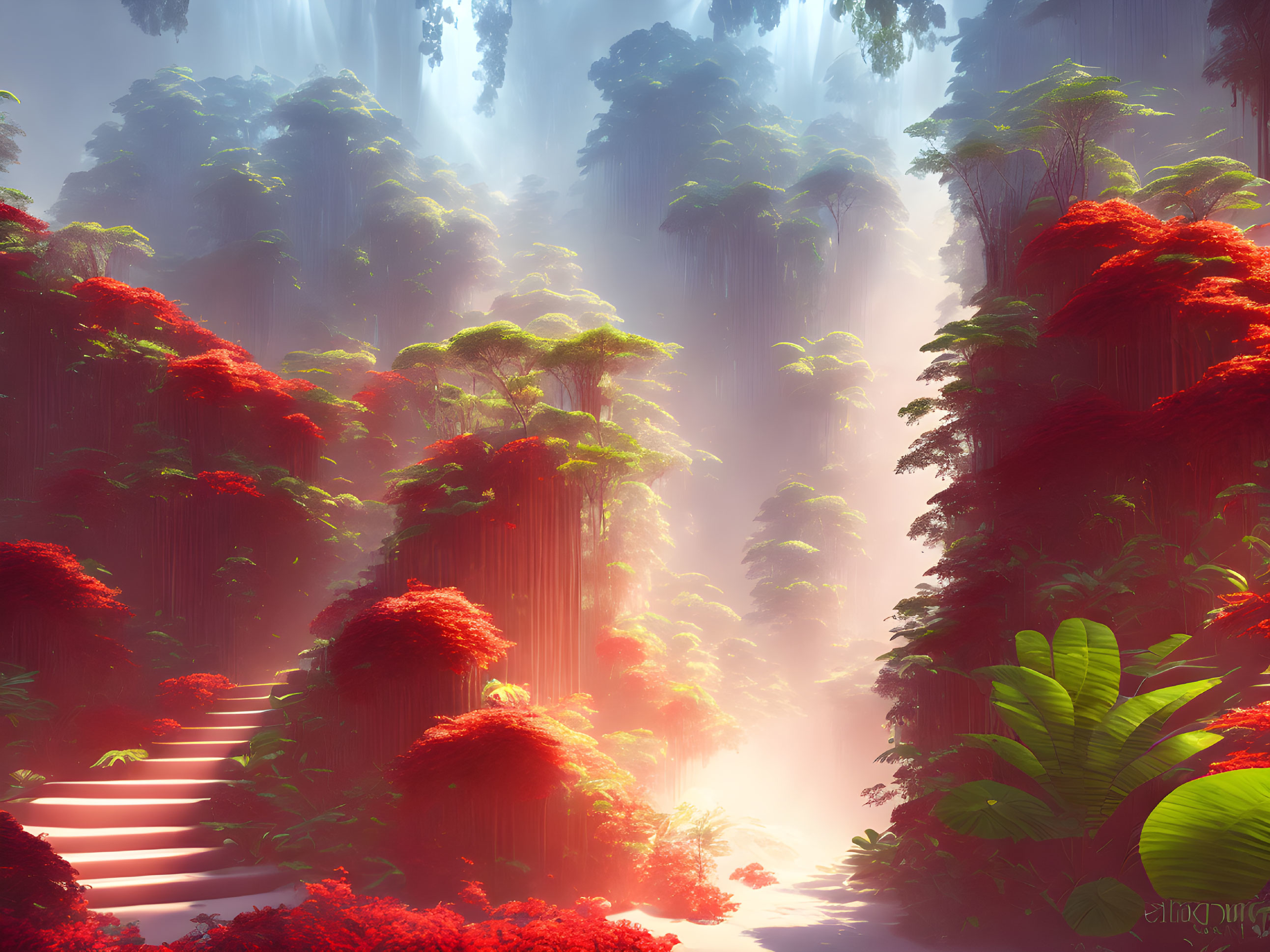 Mystical forest with towering trees, sunlight, red foliage, and stone stairs