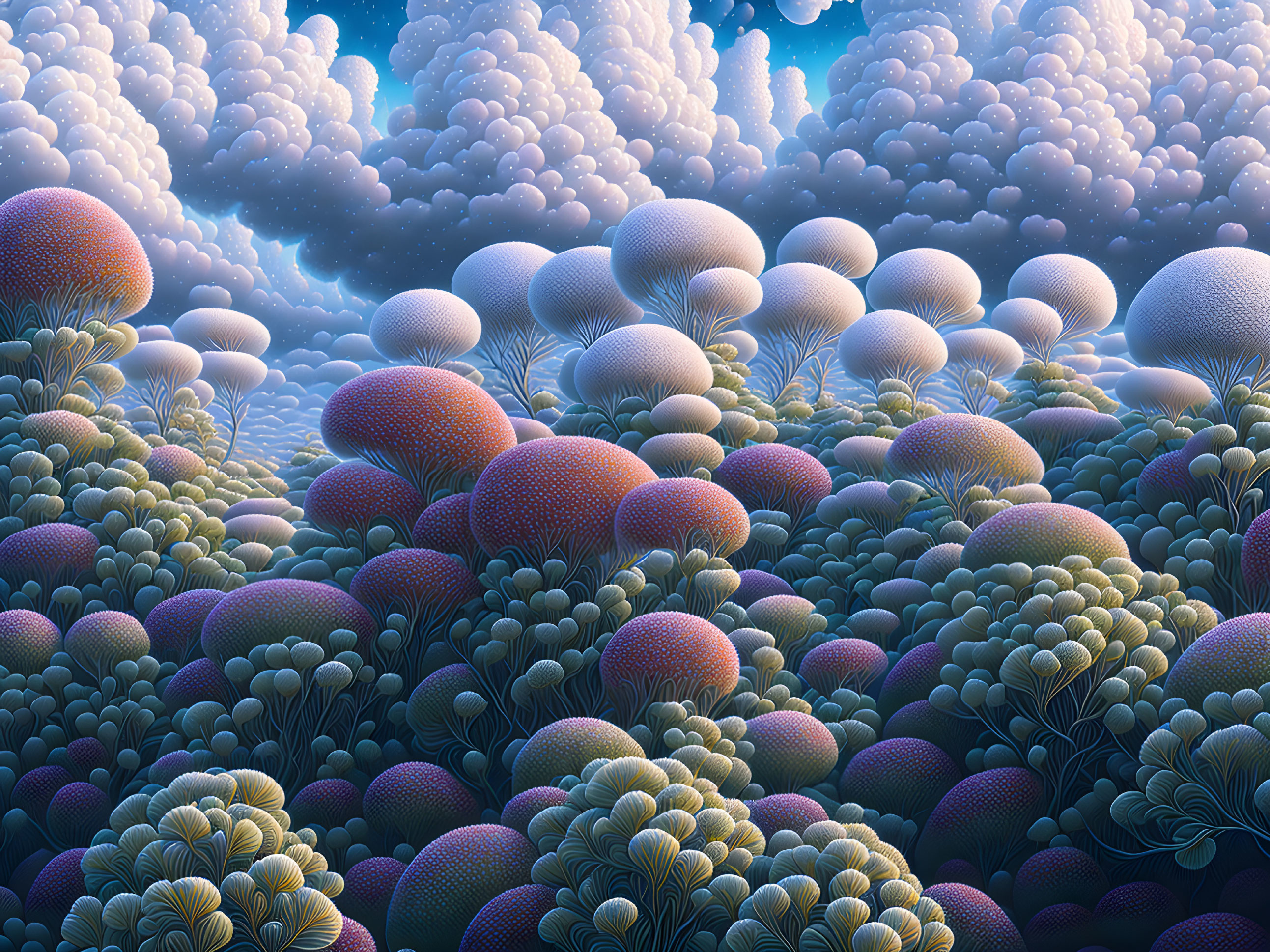 Surreal landscape with organic coral-like structures in cool colors