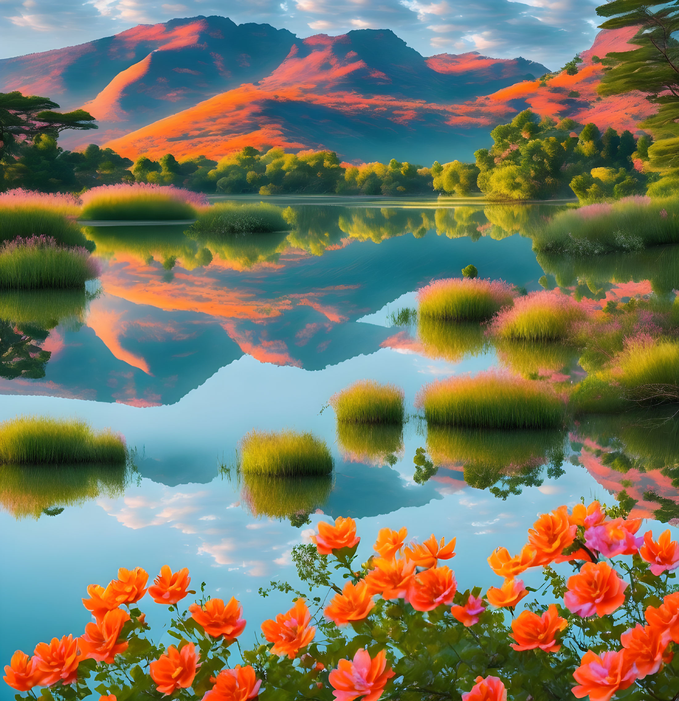 Tranquil lake with orange flowers, greenery, red mountains, and sunset sky