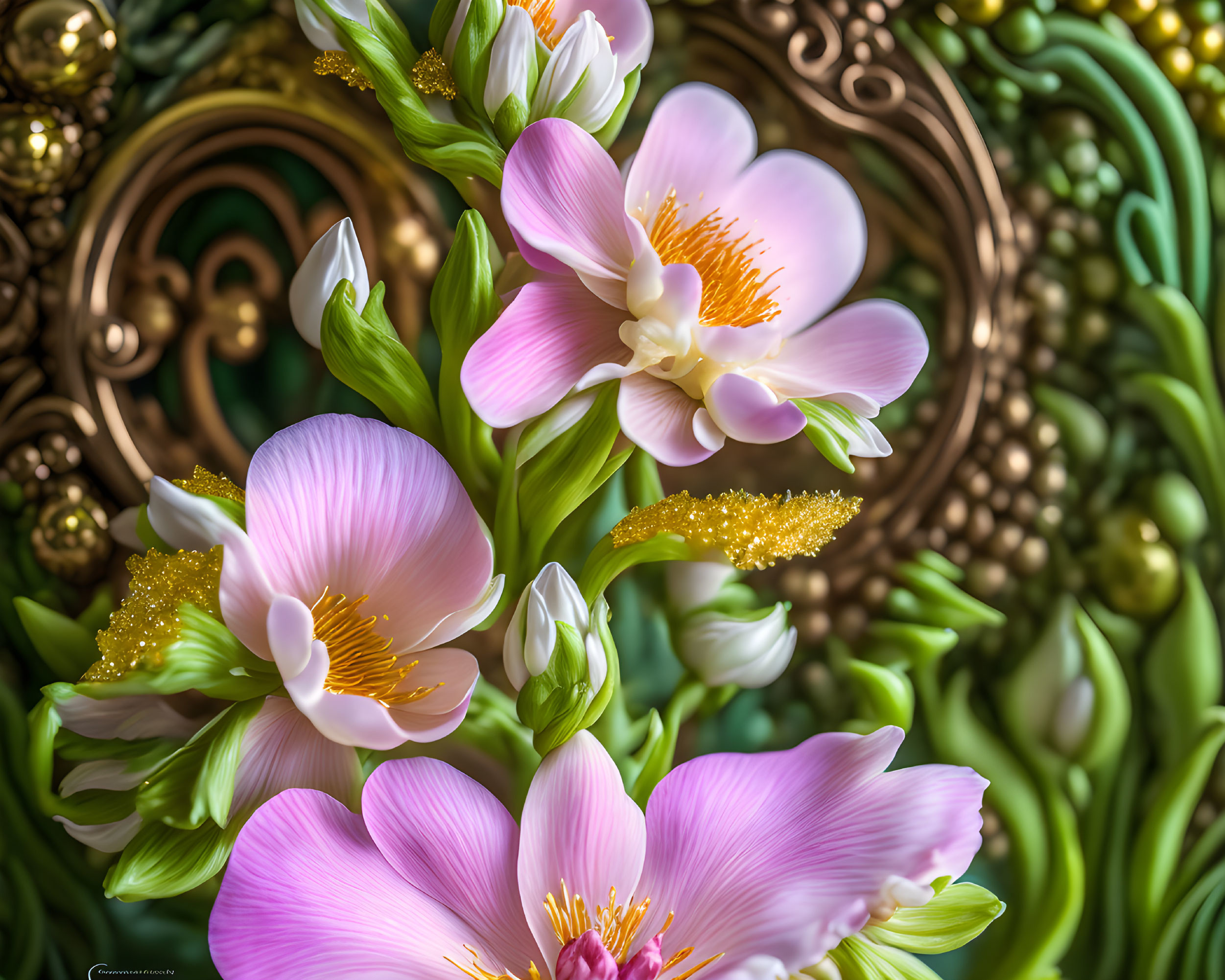 Pink Flowers with Yellow Stamens on Green and Golden Background