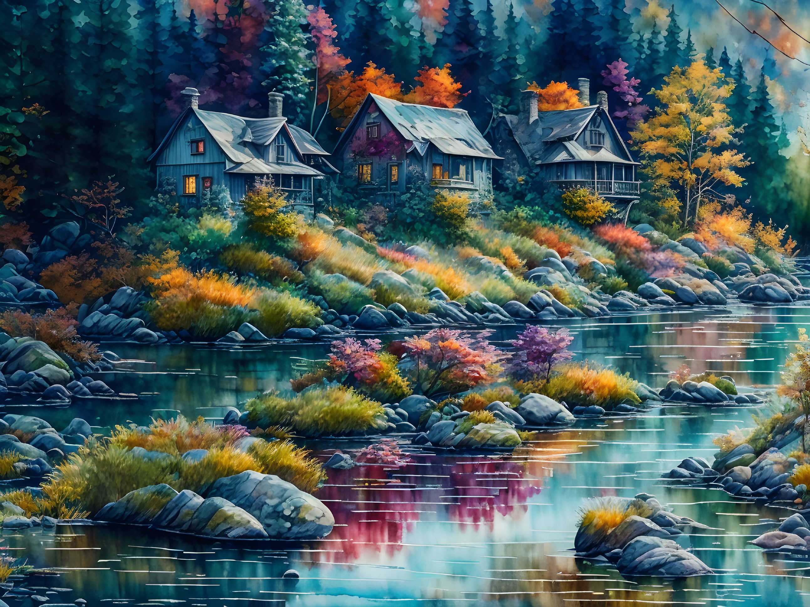 Tranquil autumn scene: cozy cottages, calm lake, colorful foliage.