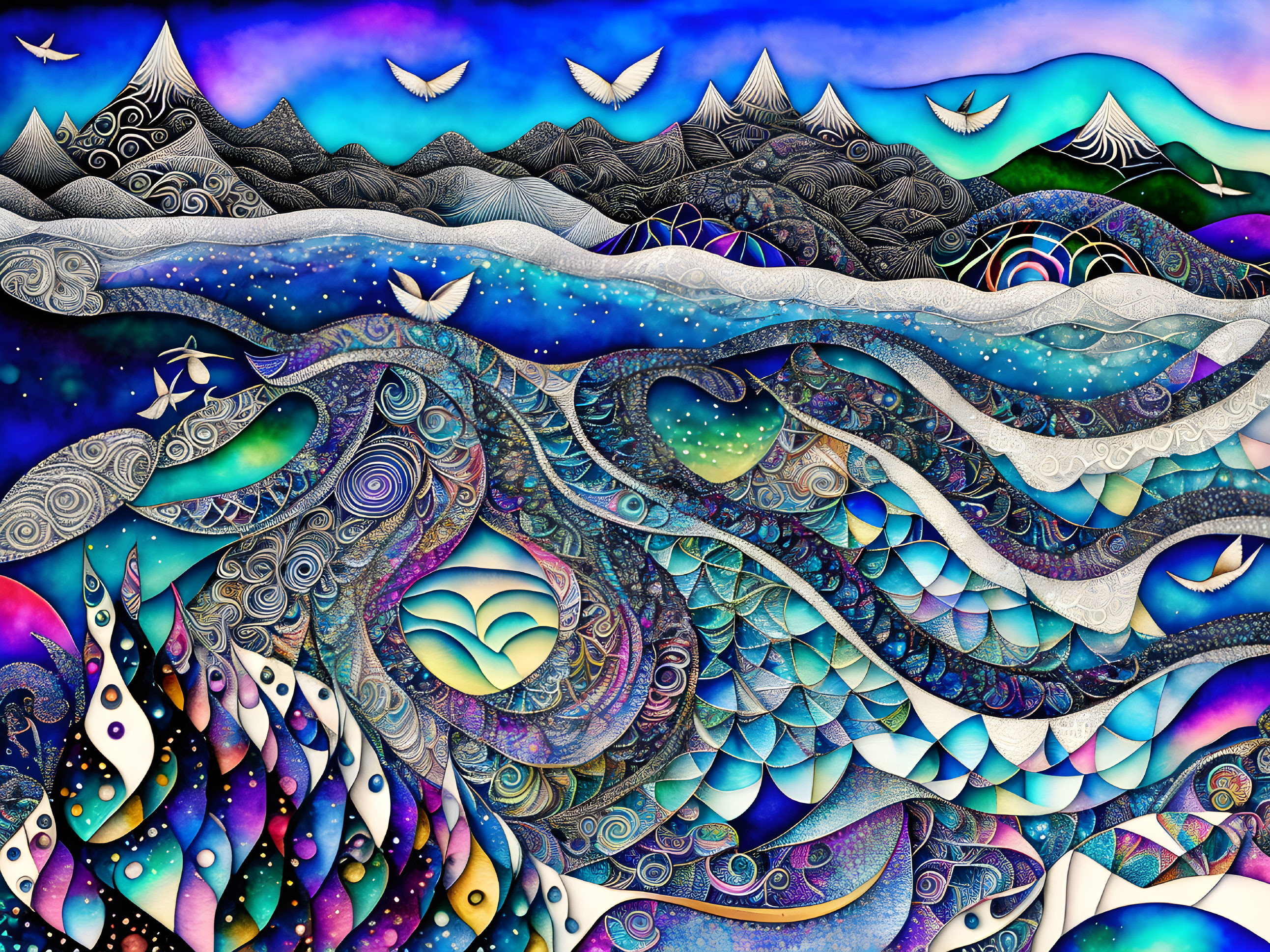 Colorful Abstract Art: Waves, Mountains, Birds, Cosmic Theme