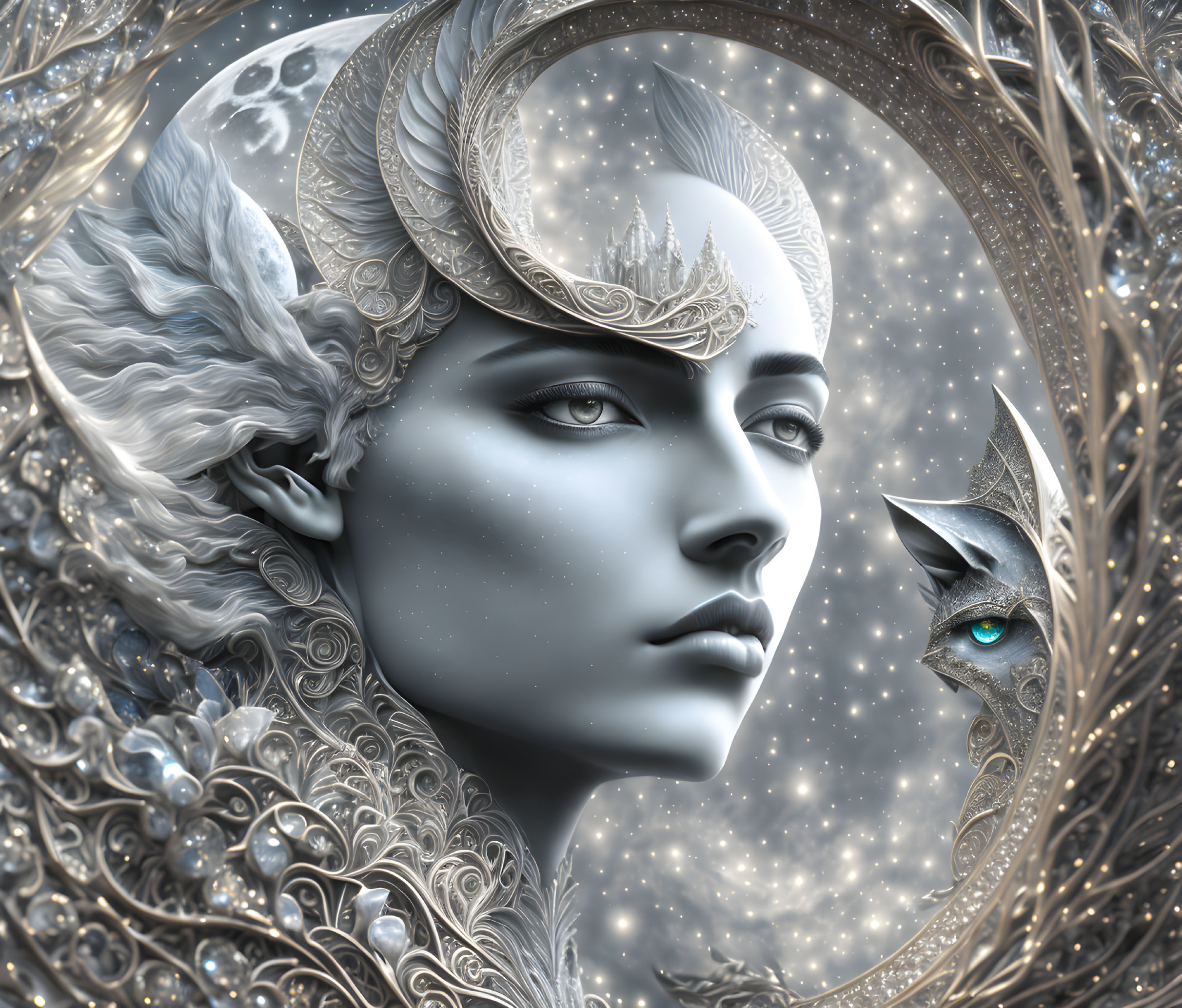 Ethereal figure with ornate headpiece and mystical blue-eyed creature in intricate artwork