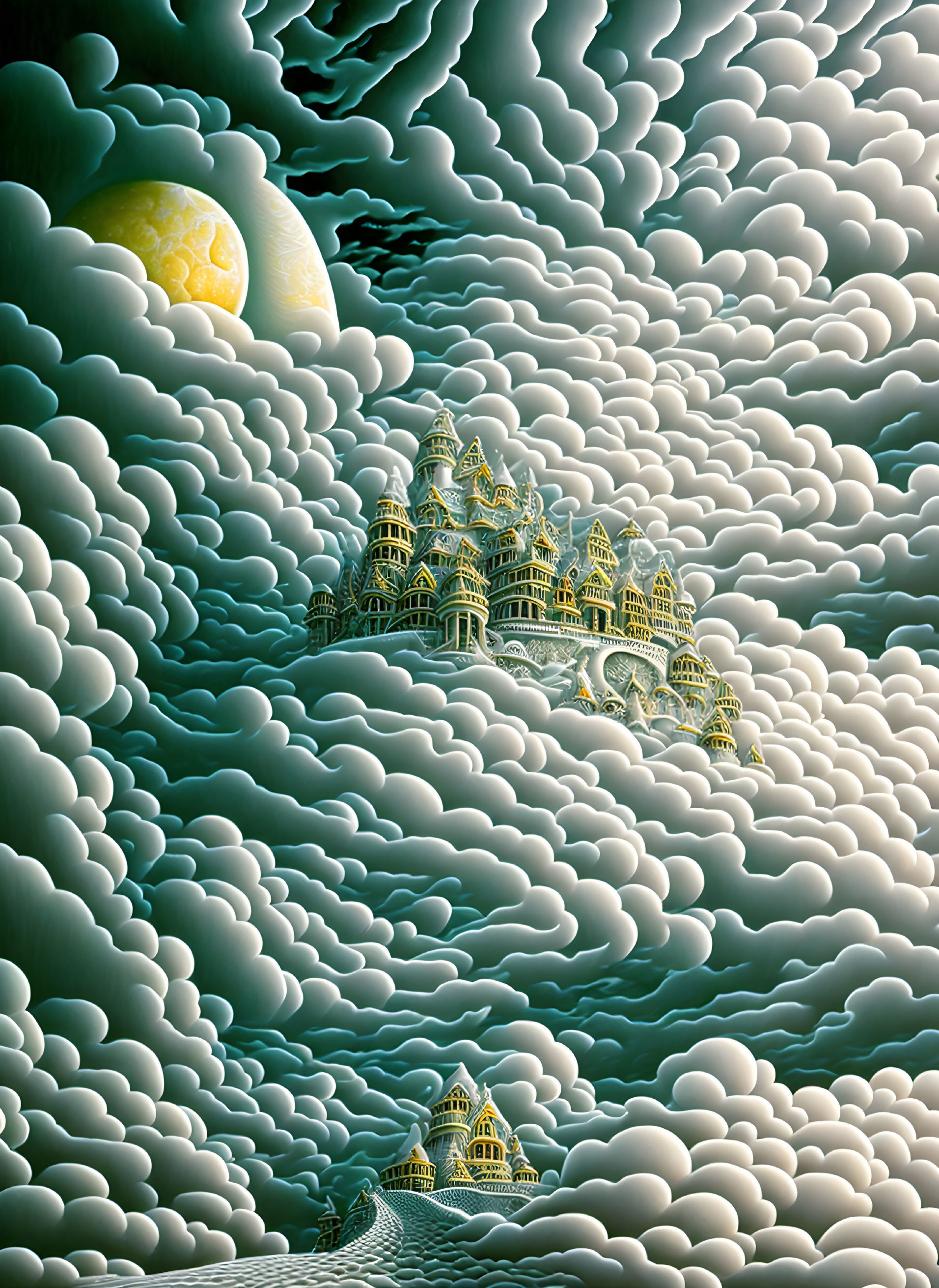 Fantastical landscape with layered clouds, yellow moon, and floating castles