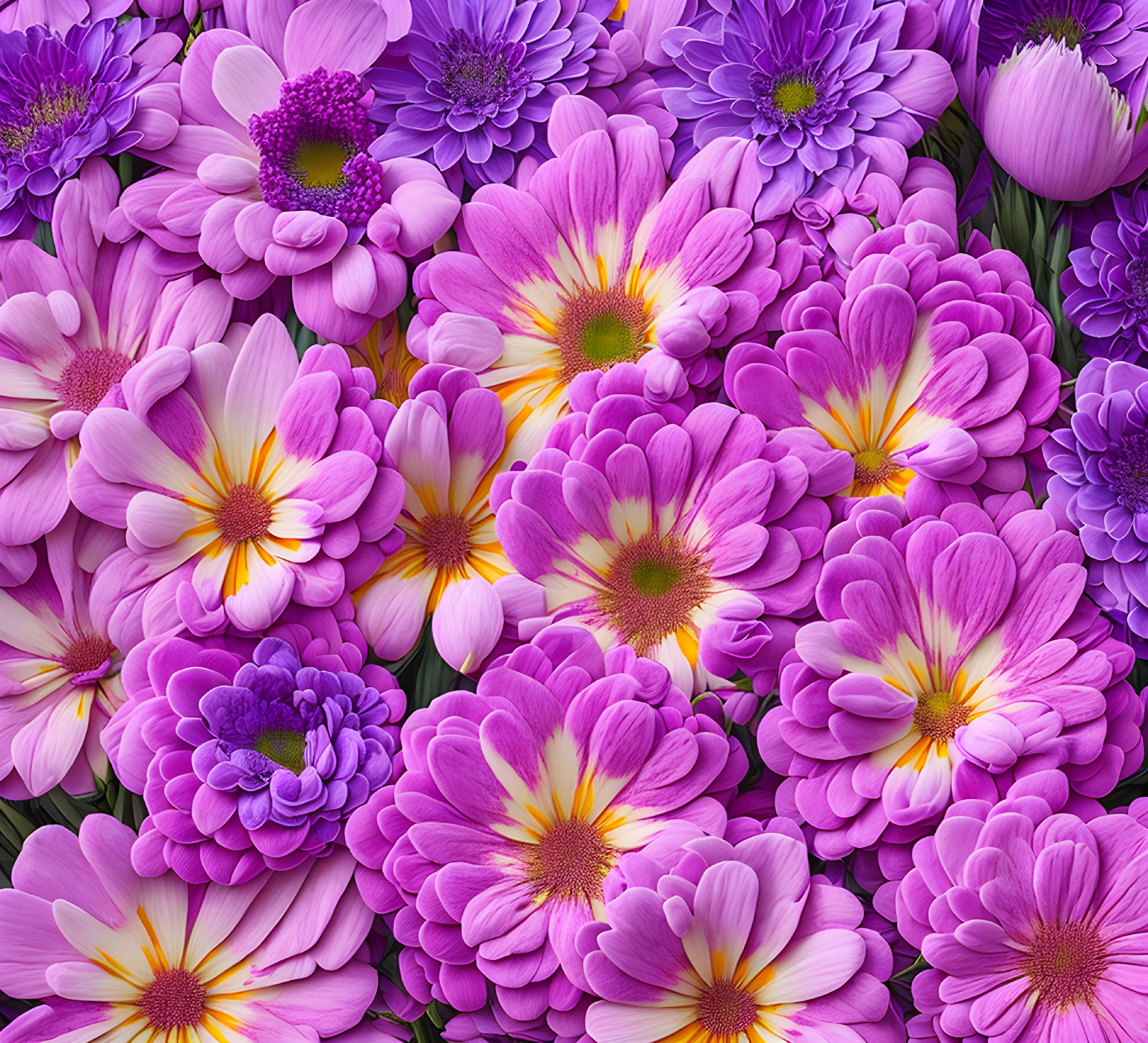 Assorted pink and purple flowers creating a dense floral background