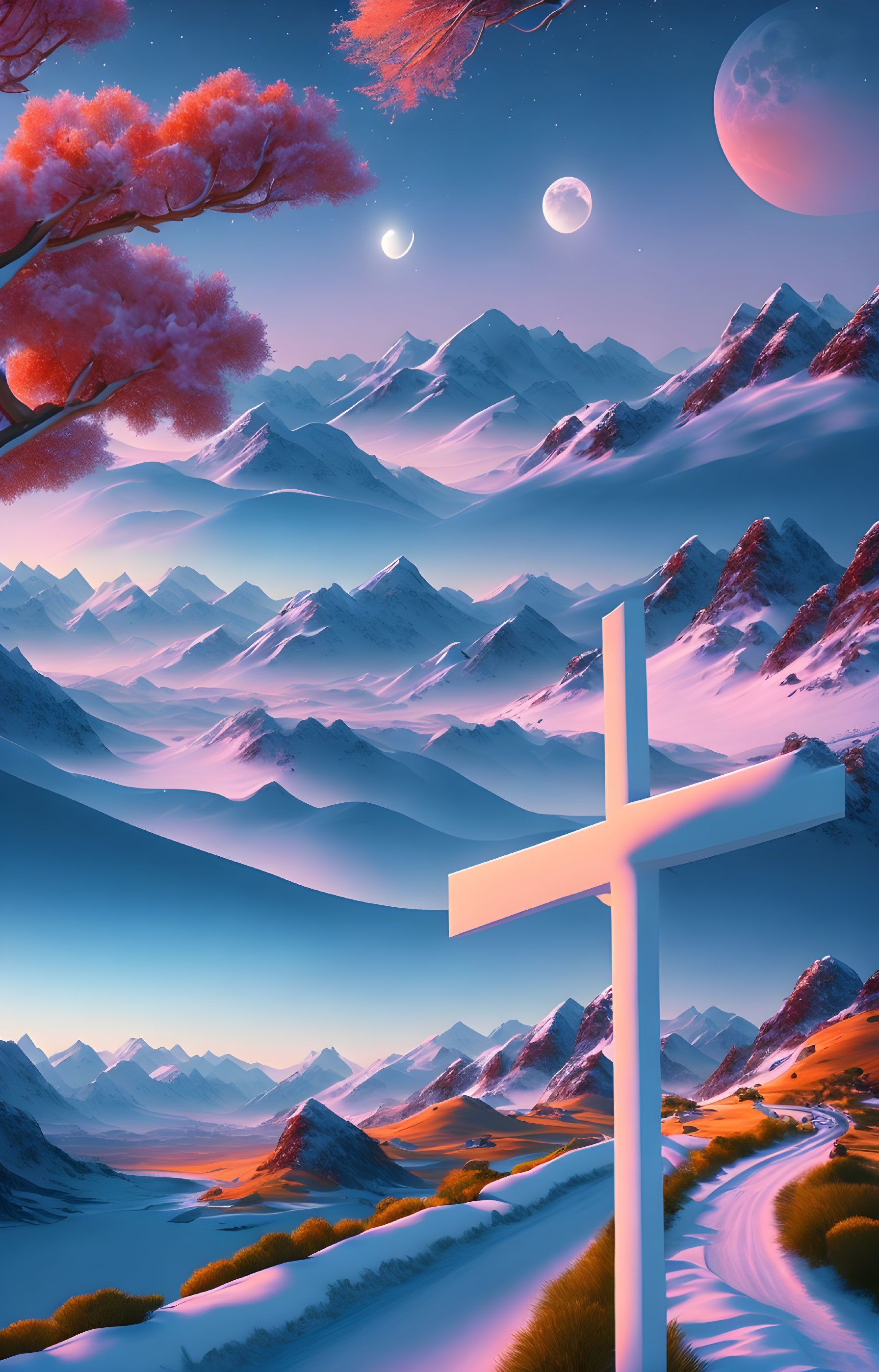 Surreal landscape with glowing cross, snowy mountains, pink tree, two moons, and distant planet