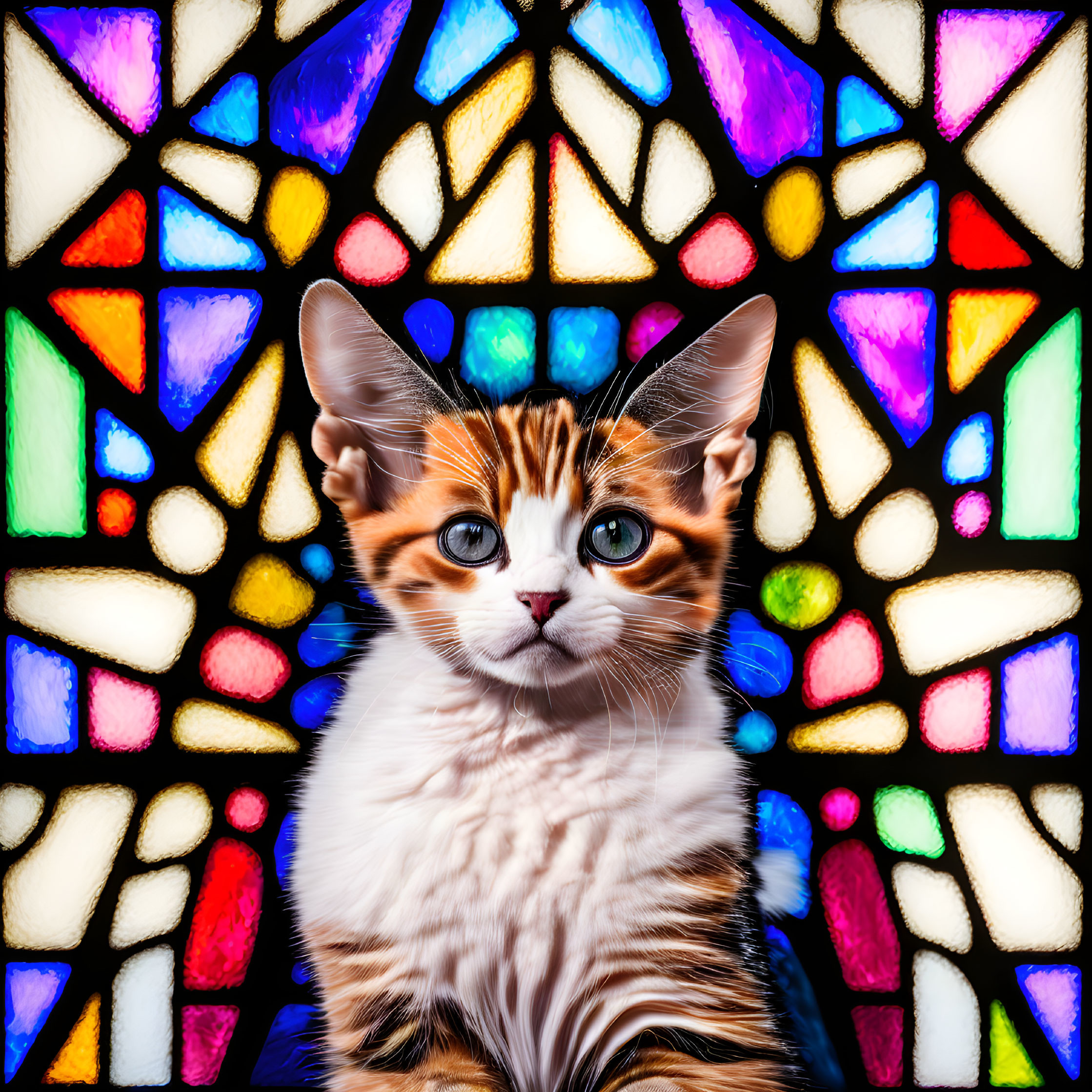 Calico Kitten Poses by Colorful Stained Glass Window