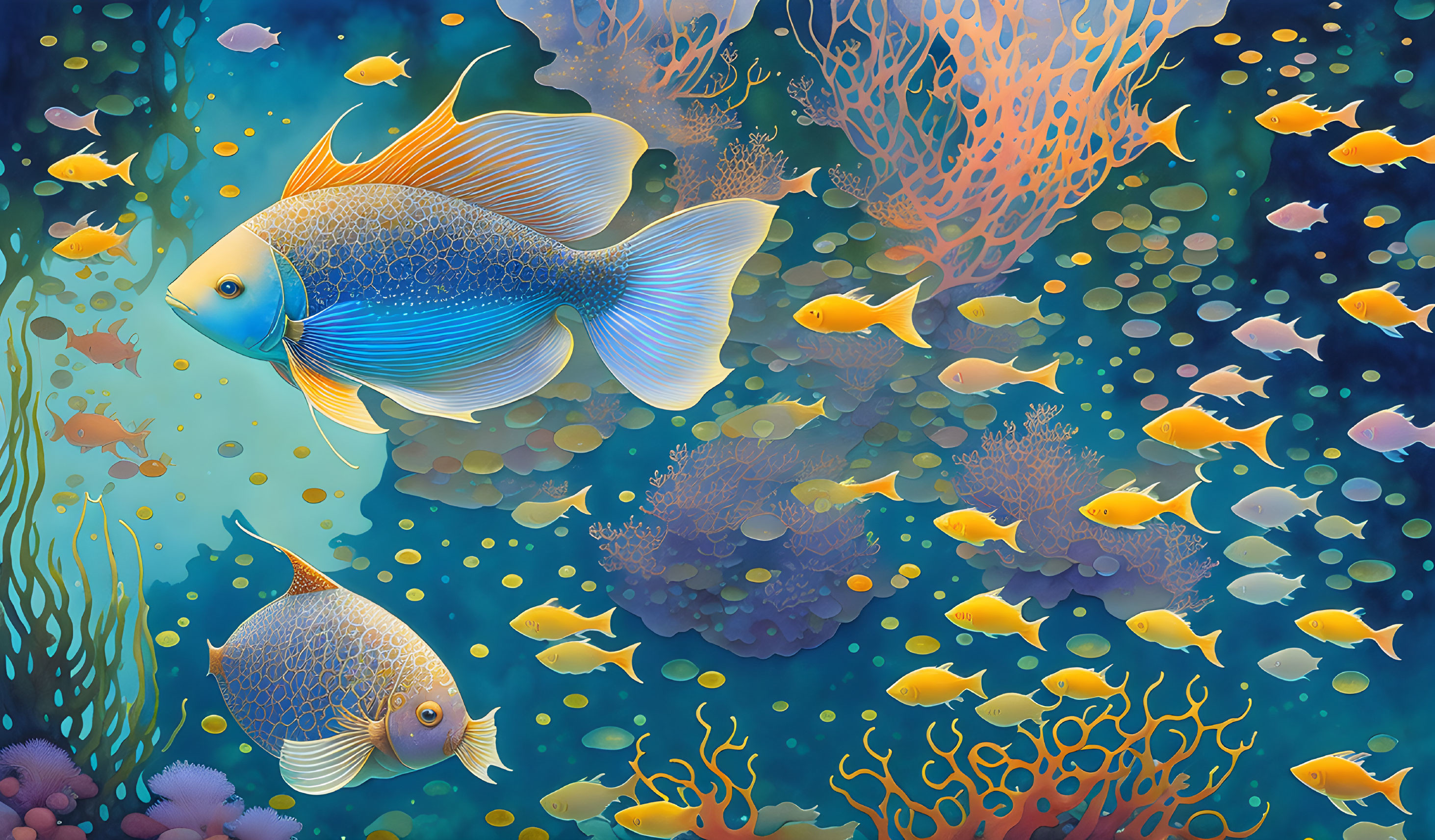 Vibrant Underwater Illustration with Colorful Fish and Coral Reefs