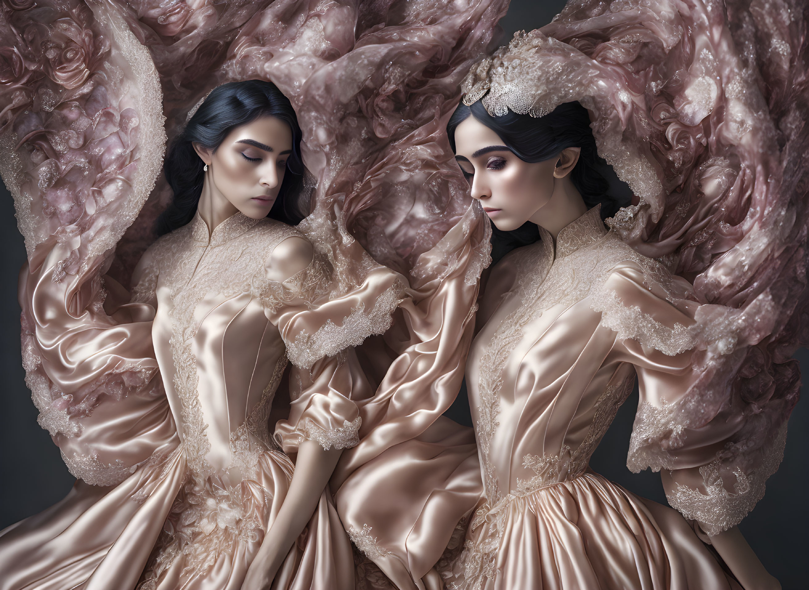 Elegant women in beige gowns with lace details in surreal tableau