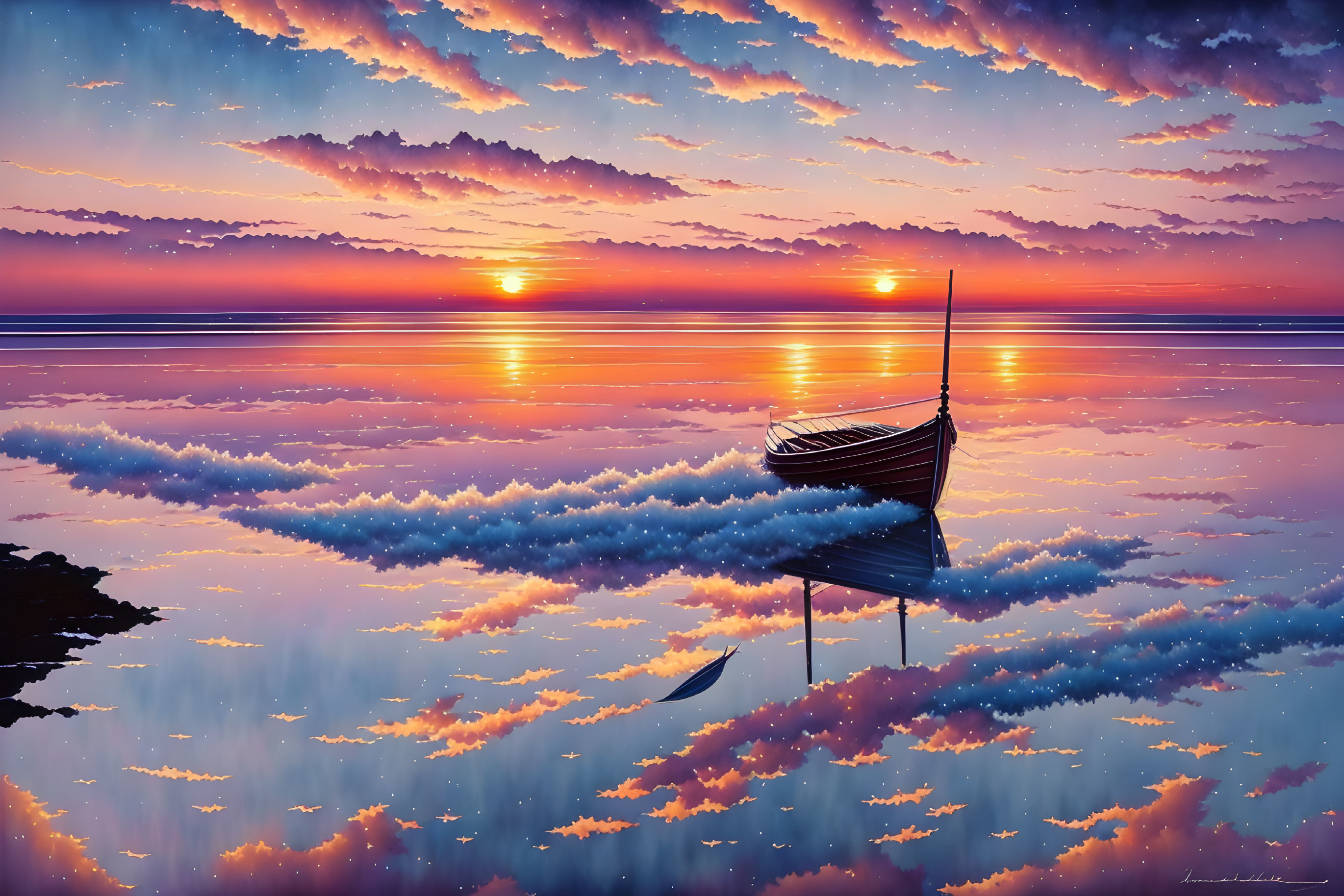 Tranquil digital artwork: boat on still water at sunset